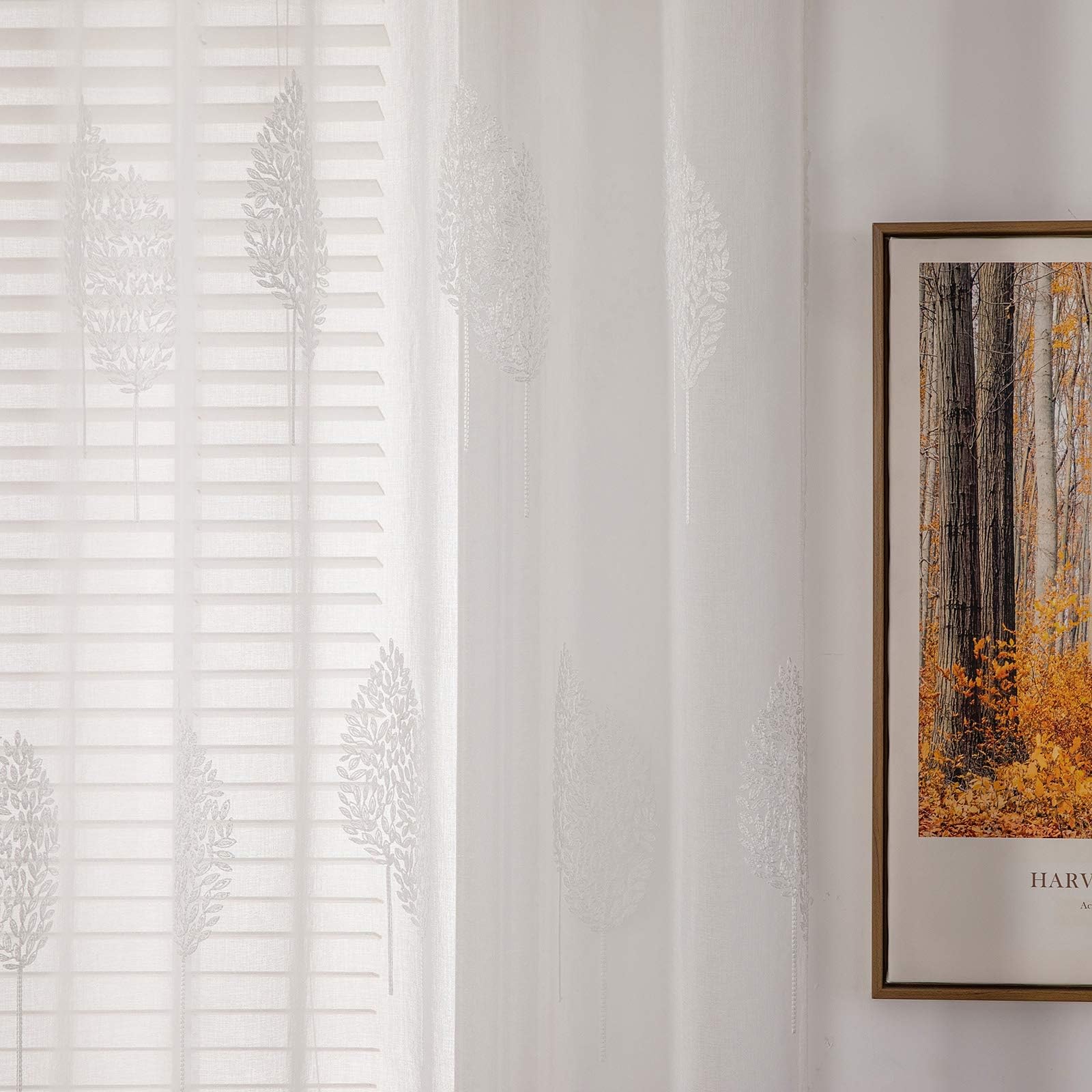 MIULEE Tende per Interni Moderne 2 Pezzi 140x145 CM, Voile Tenda Finestra Bianche Interno Salotto, Tenda Trasparente con Ricami a Foglie Motivi, Fantasia Tende Camera da Letto Soggiorno Occhielli