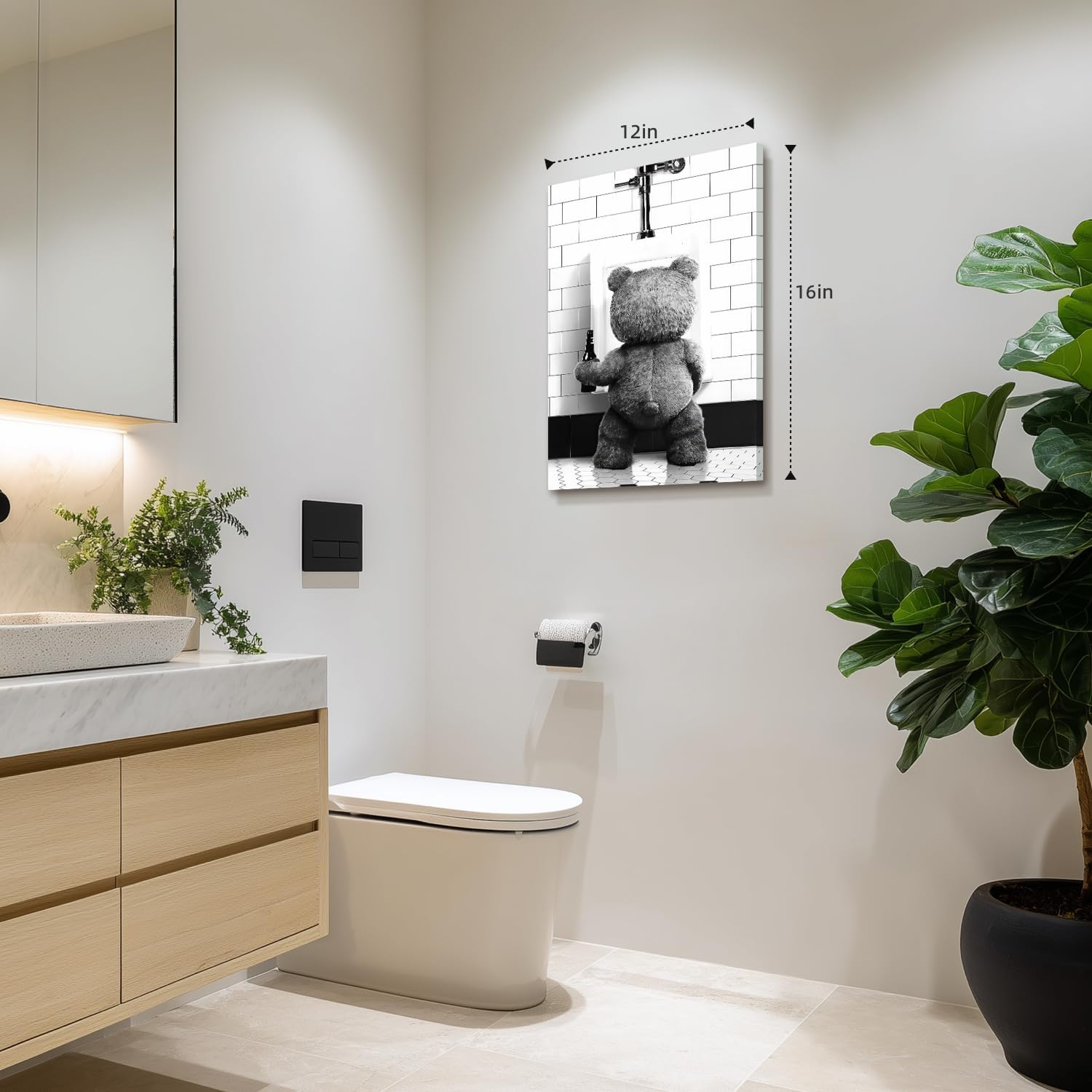 TSTVO Framed Funny Bathroom Wall Art, Whimsical Teddy Bear Wall Decor, Humorous Black White Animal Wrapped Canvas Artwork, Modern Cute Bear Poster Print for Bathroom Restroom Toilet 16x24 Inch