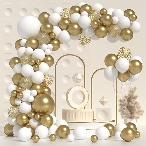 ZFUNBO Kit de guirnalda de 112 globos de oro blanco, globos de oro blanco de 51218 pulgadas, arco de globos de confeti dorado para cumpleaños, boda,