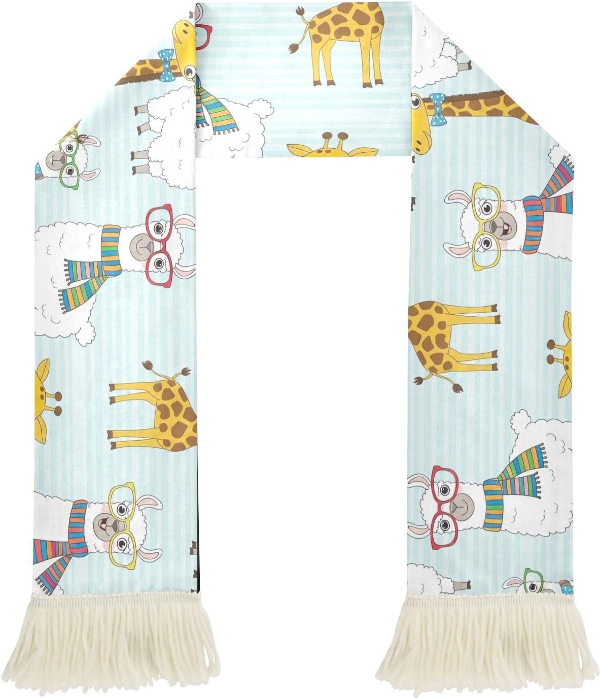 CHIFIGNO Cartoon Llamas Giraffes Blue Sports Fan Scarf with Fringe Ends, Soft Polyester Sweat Towel for Soccer Game Cheering