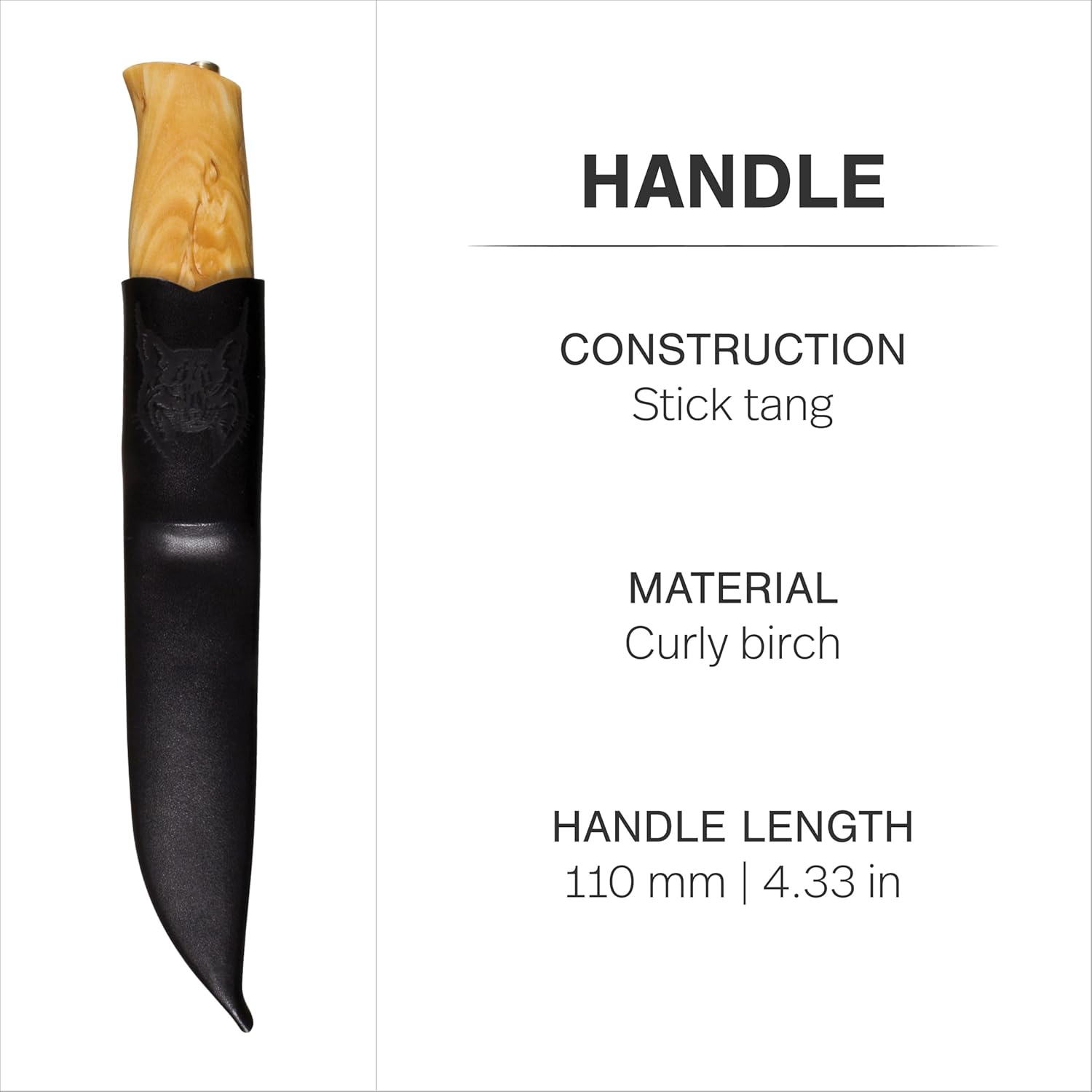 HELLE Knives - Jegermester - Outdoor Adventure Camping Knife, Stick Tang Stainless Steel Fixed Blade with Sheath, Curly Birch Handle, Made in Norway