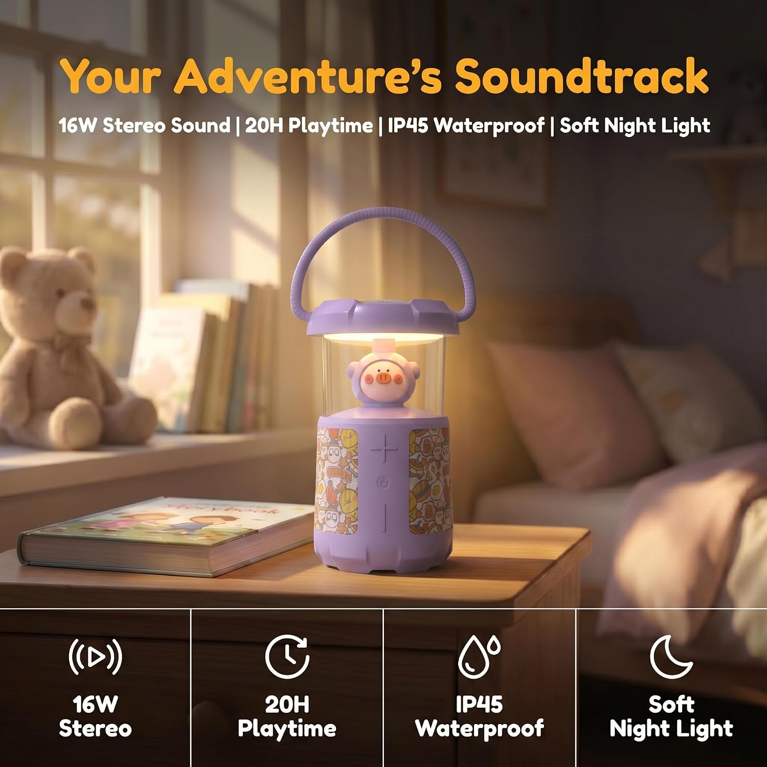 Cute Animal Night Light Bluetooth Speaker, 16W Stereo Sound Portable Lantern, IP45 Waterproof, 20H Playtime for Kids & Girls, Purple Pig image 2