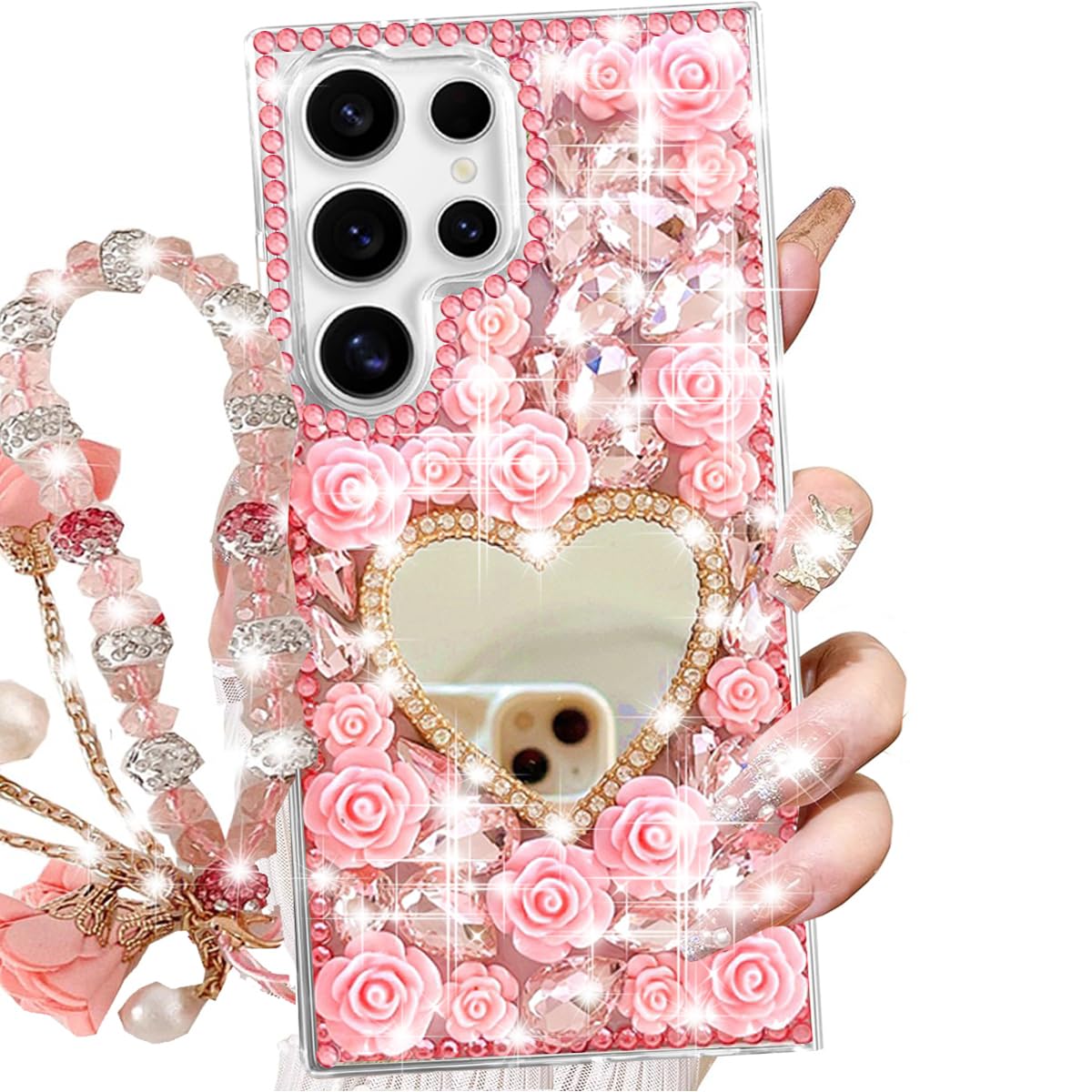 Changjia for Samsung Galaxy S25 Ultra Glitter Bling Case,Cute 3D Sparkle Heart Makeup Mirror Crystal Rhinestone Flowers Diamond Gems with Lanyard