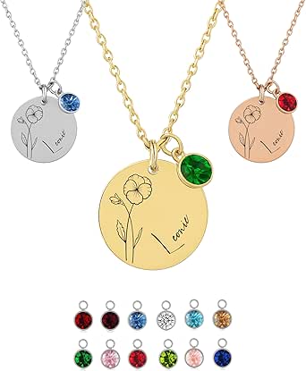 Personalisierte Geburtsblumen Kette mit Namen & Geburtsstein – Wasserfeste Halskette Damen aus Edelstahl – Symbolisches Schmuck Geschenk für Frauen, Beste Freundin & zum Valentinstag