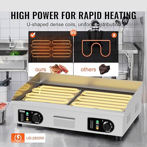 Miniatura 3 de VEVOR Plancha eléctrica comercial, parrilla de encimera de 2800 W, temperatura ajustable de 122  a 572 , parrilla de acero inoxidable de 29 pulgadas
