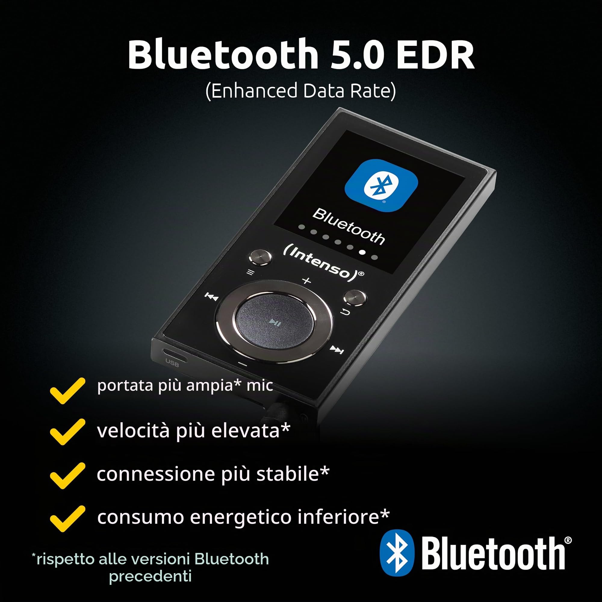 Intenso Lettore video BT MP3 con Bluetooth 5.0, display a colori da 1,8 pollici, microSD, USB C, batteria fino a 18 ore, con cuffie, nero