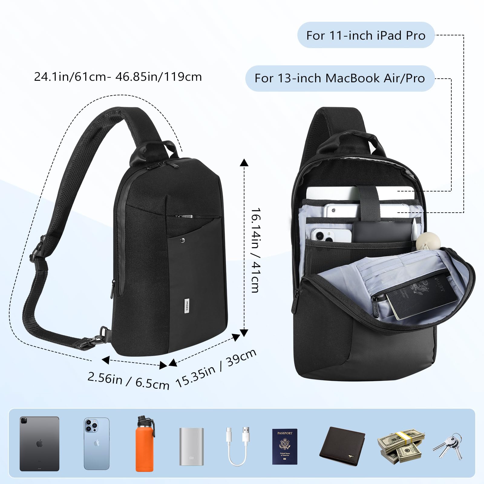 MoKo Compact EDC Sling Bag for New 13-inch iPad Pro M4/Air M2, Minimalist Chest Shoulder Crossbody Bag for Men Women Daily Use, Single Strap Daypack for New 13