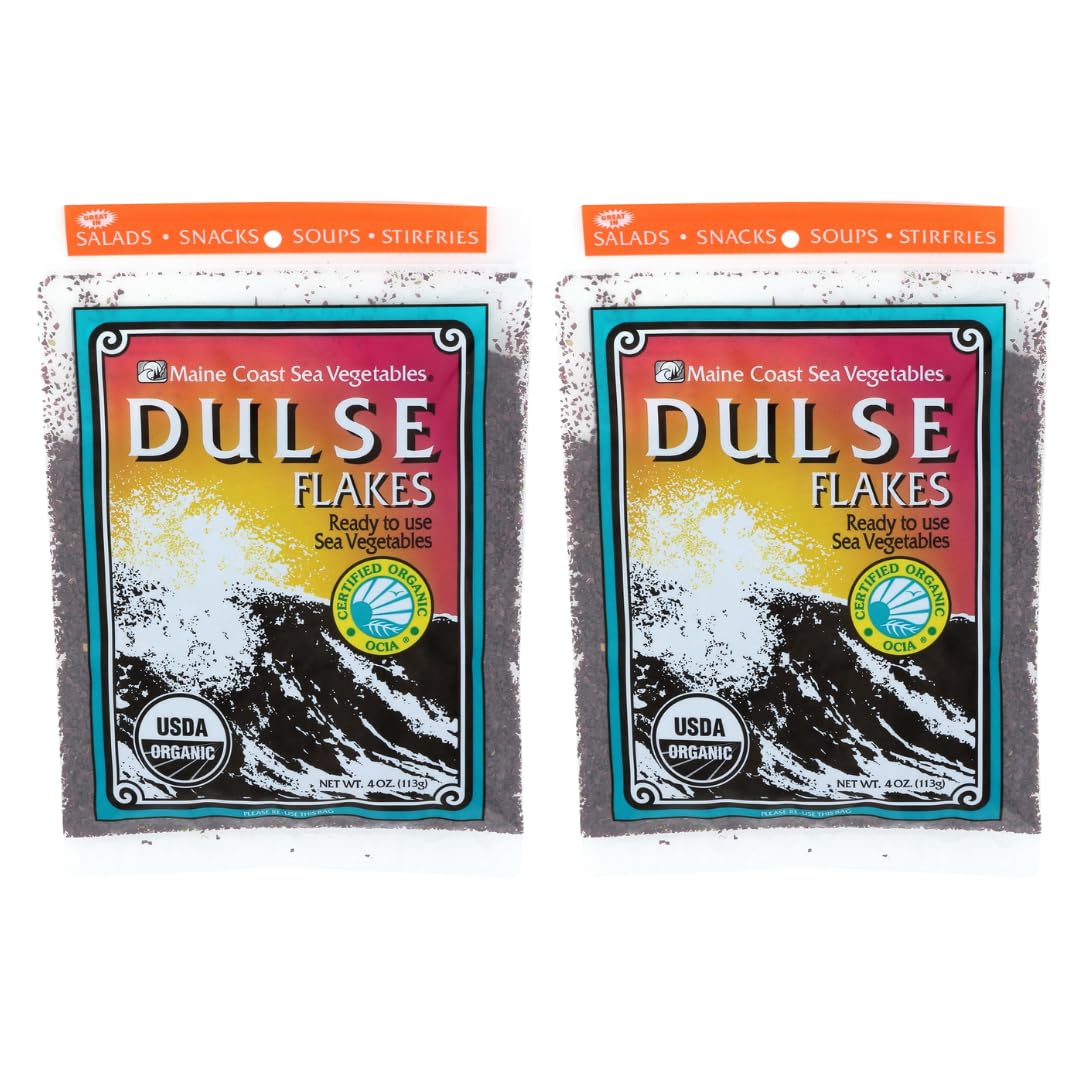 Maine Coast Sea Vegetables Organic Dulse Flakes | Seaweed Snacks | Rich in Iodine, Protein & Minerals | Harvested from North Atlantic | Great for Salads, Soup & Smoothies | 4 oz (Pack of 2)USDA Organic
