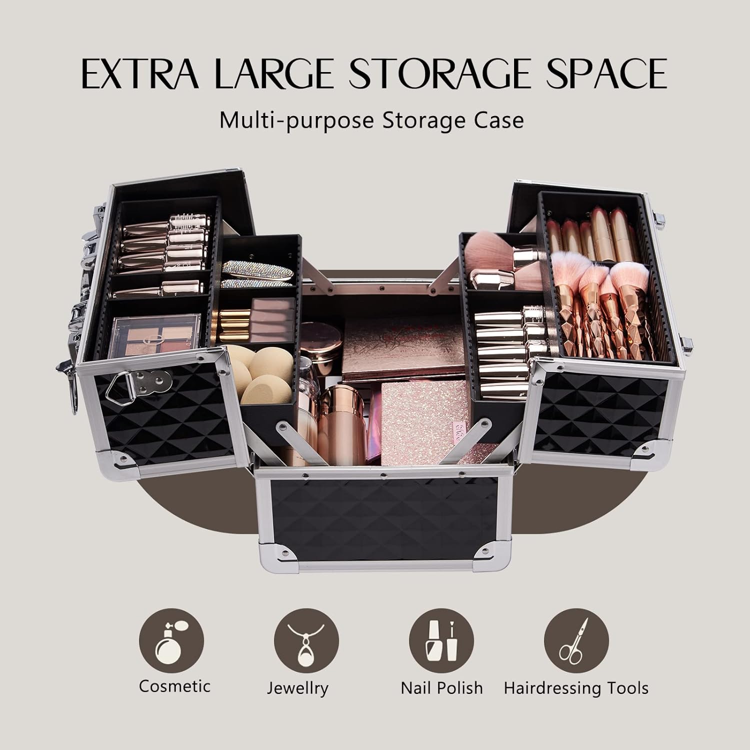 Joligrace Large Makeup Box Organiser Makeup Case Vanity Case Make up Case Makeup Train Case 4 Trays Luggage Cosmetic Cases with Shoulder Strap Clasp Locks with Keys (Black) 3 71KC2uFYckL. AC SL1500