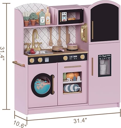 Miniatura 2 de Treocho Juego de cocina para niños, juego de cocina de madera para niños pequeños con almacenamiento, cocina de juguete de diseño moderno con grifo