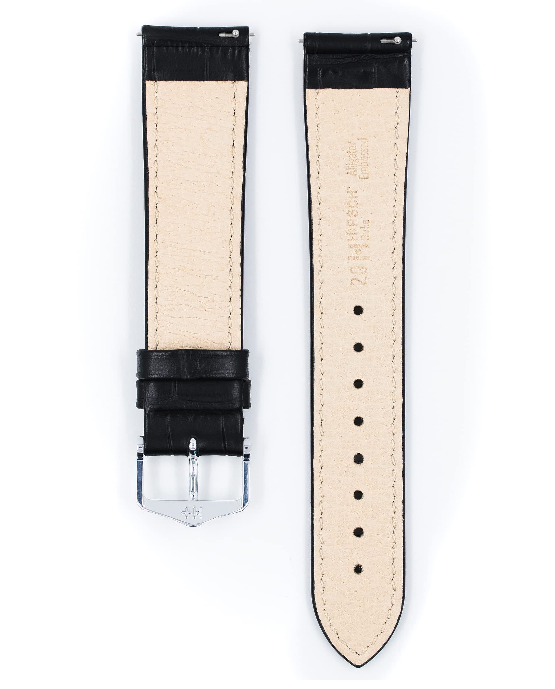 HIRSCH Unisex Uhrenarmband Alligator Style Modell Duke Größe Uhr 20 mm/Schließe 18 mm, Farbe Schwarz