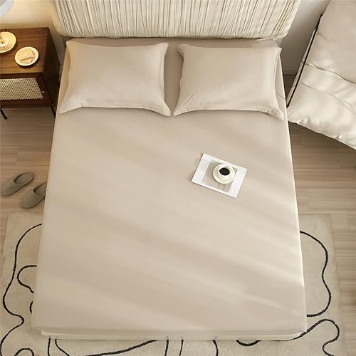 Miniatura 8 de VClife Sábana bajera ajustable suave tamaño individual de color beige liso bronceado con bolsillo profundo de 16 pulgadas de profundidad, sábana de