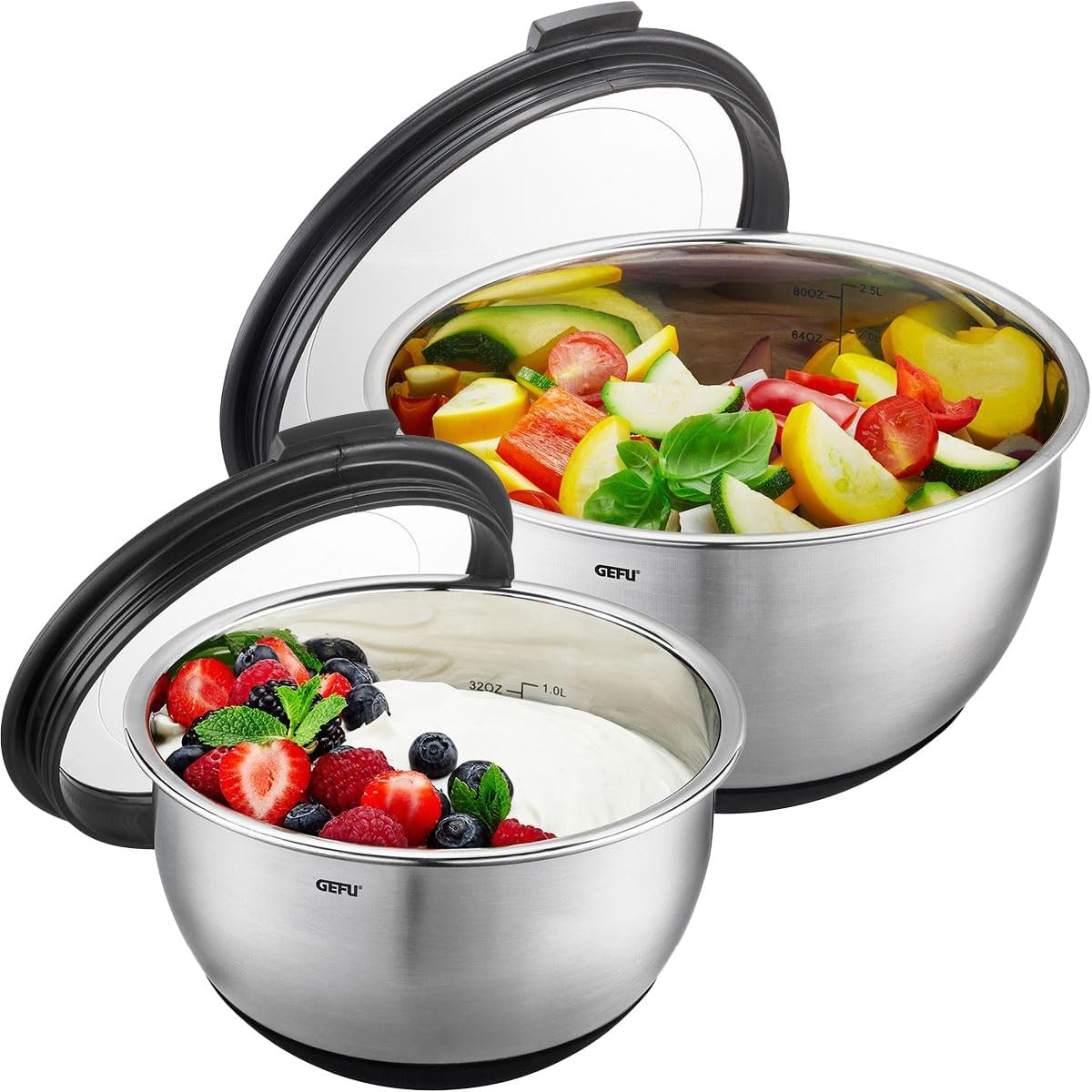 GEFU MUOVO Stainless Steel Bowl with Lid Set of 2 - Mixing, Serving or Salad Bowl with Silicone Base and Storage Lid, 16 cm & 20 cm, Capacity 2.5 L & 4.5 L