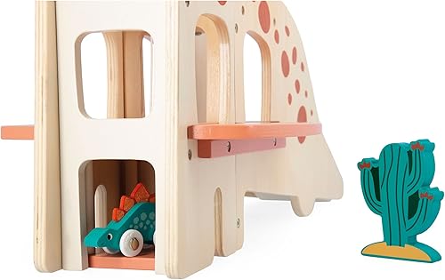 Miniatura 4 de Janod Dino - Garaje de dinosaurio de madera - Incluye 4 autos dinosaurios, ascensor y 2 accesorios - Edades 2-6 años - J05835