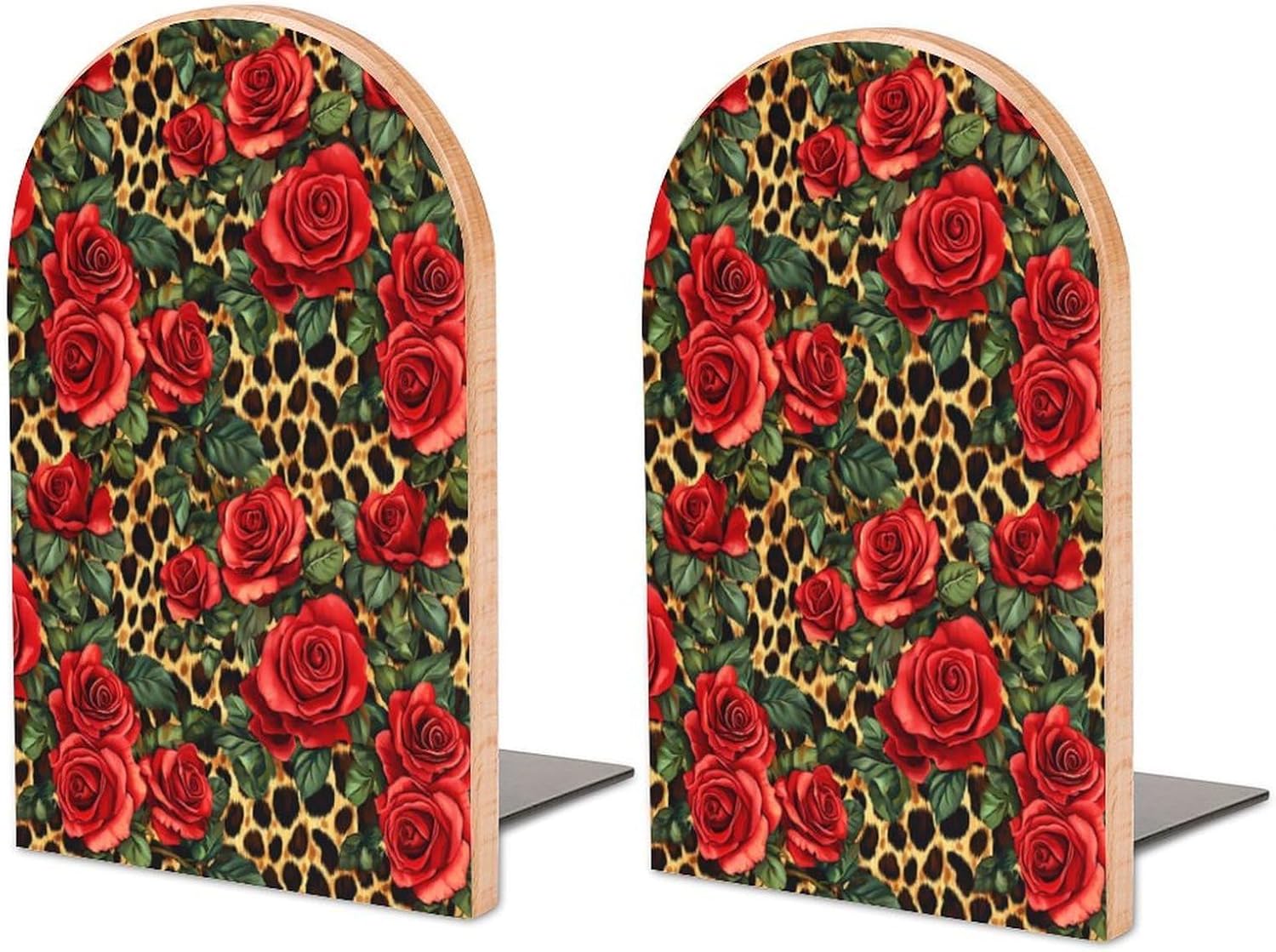 Red Rose Leopard Cute Wood Book Ends Decorative Bookends 1 Pair Non-Skid for Shelves Home Office 7 X 5 Inch