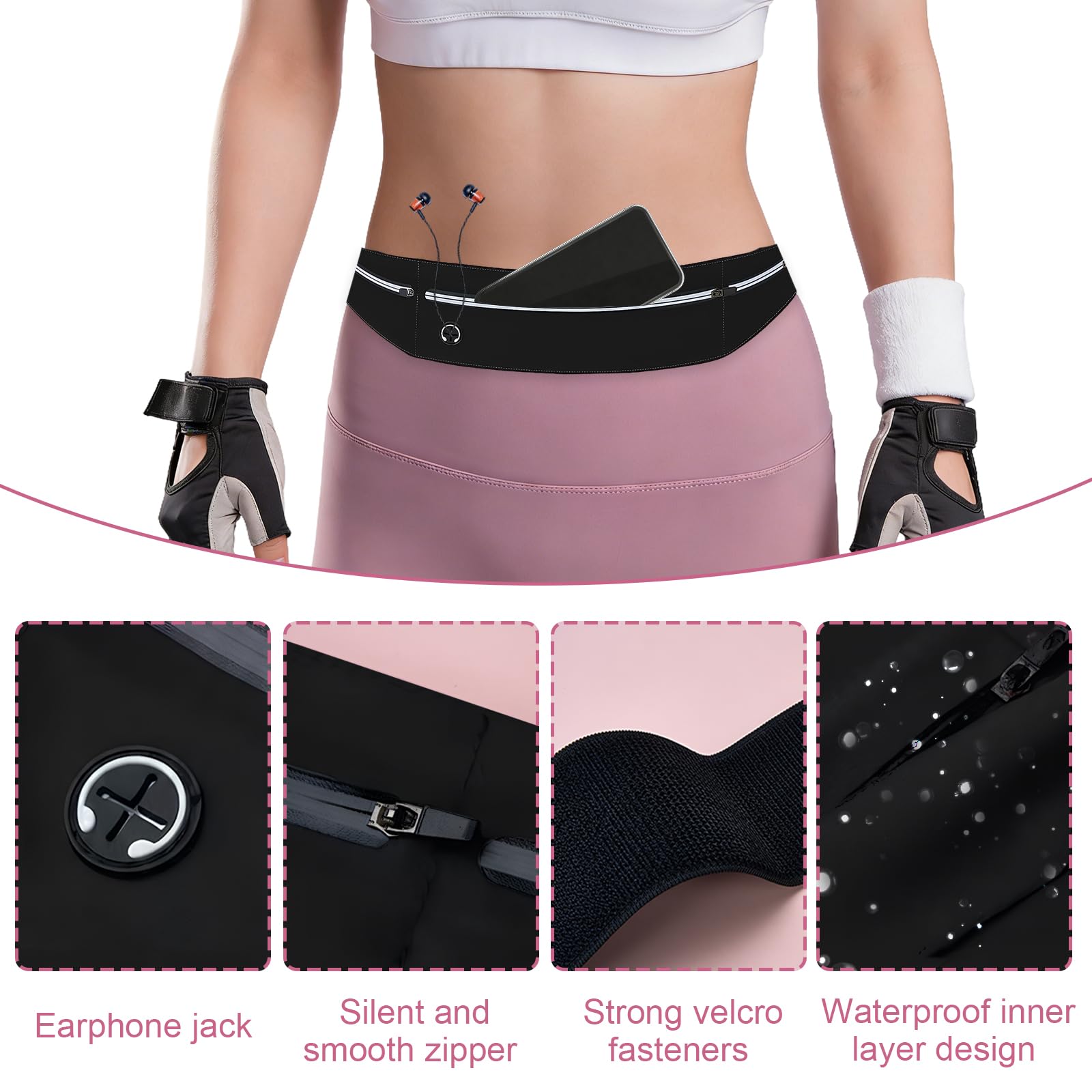Torba do biegania, unisex saszetka biodrowa do biegania, wodoodporny pas do biegania, z trzema kieszeniami, na smartfony do 7,5 cala, idealny do biegania i fitnessu (czarny)