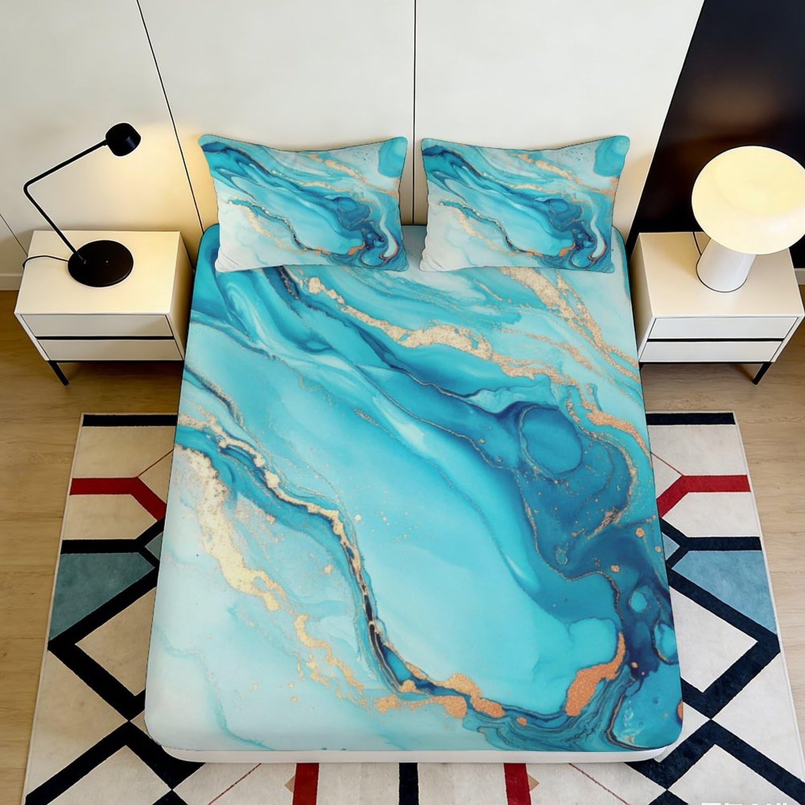 3D Printed Blue Marble Fitted Sheet Microfiber Soft Breathable Abstract Swirl Bed Cover for Bedroom Dormitory Guest Room Mattress Protection 120x200x25cm