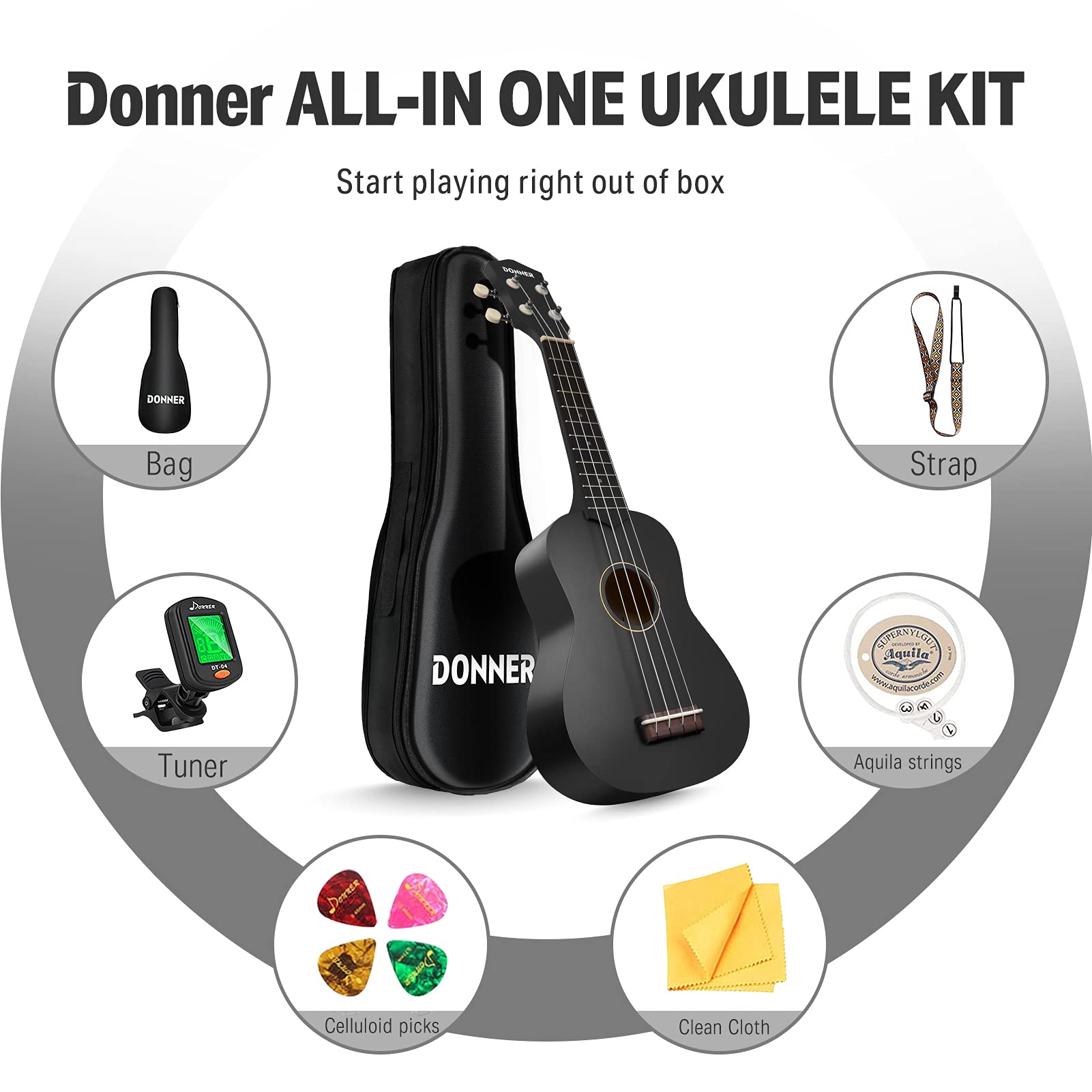 Donner Ukelele Soprano para Principiantes Adultos Niño Ukelele con Bolsa Correa Sintonizador de Cuerda paño de Recogida, DMU-01 21 Pulgadas mate Ukalalee Bundle Kit Macaron Series-Negro