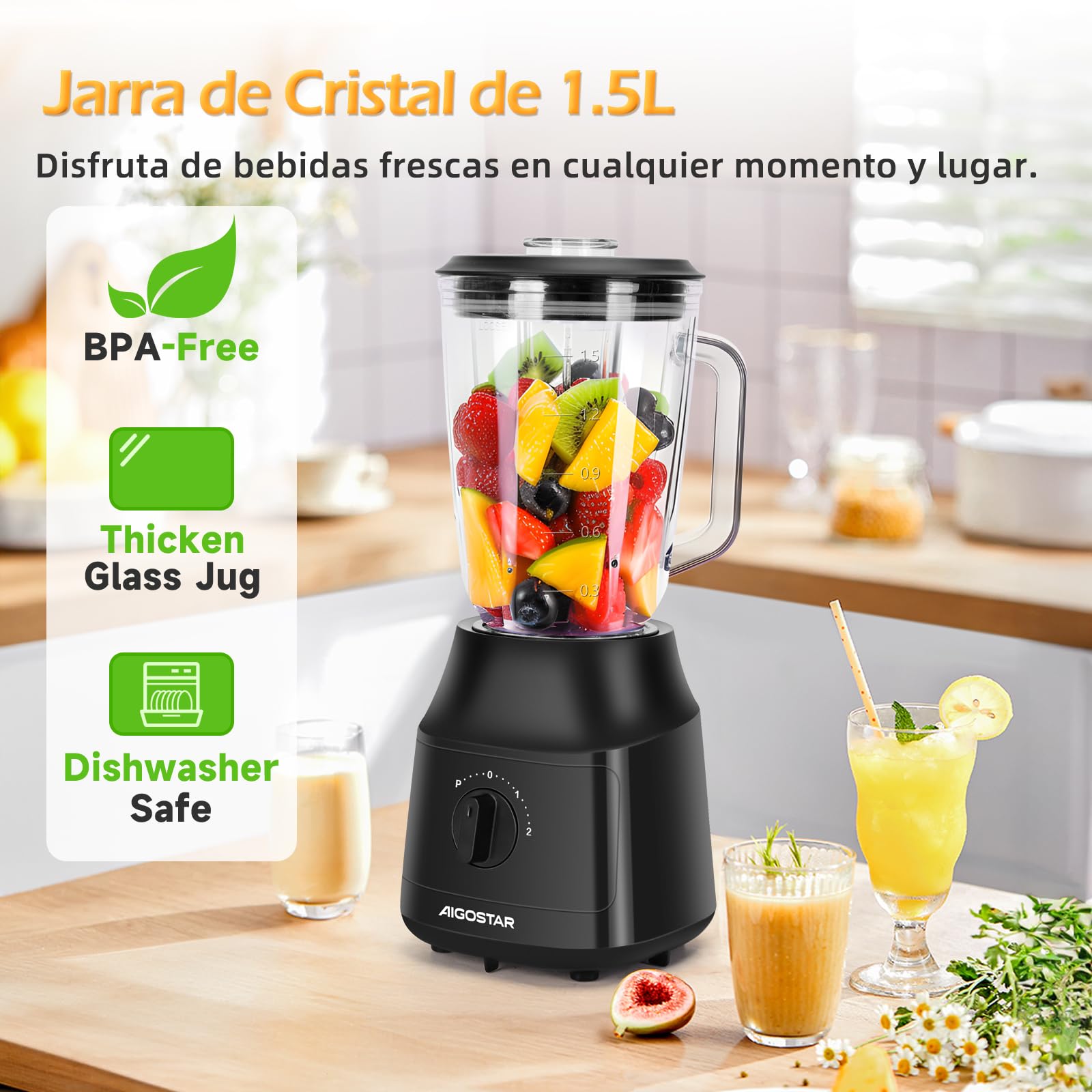 Aigostar Swift - Batidora de Vaso, Capacidad 1.5L, 800W, Tritura Hielo, Licuadora con 4 Cuchillas con Recubrimiento de Titanio, 2 Velocidades + Turbo y Función AutoClean. Libre de BPA