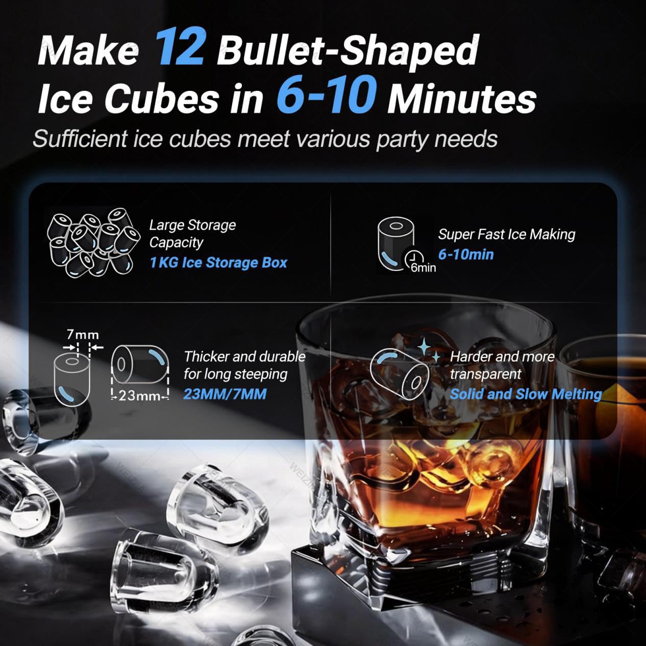 Macchina per il ghiaccio Nugget da banco, 3 in 1 con dispenser per frullati e acqua, 12 cubetti di ghiaccio in 6-10 minuti, produce 15 kg in 24 ore, modalità di riempimento automatico dell'acqua Black