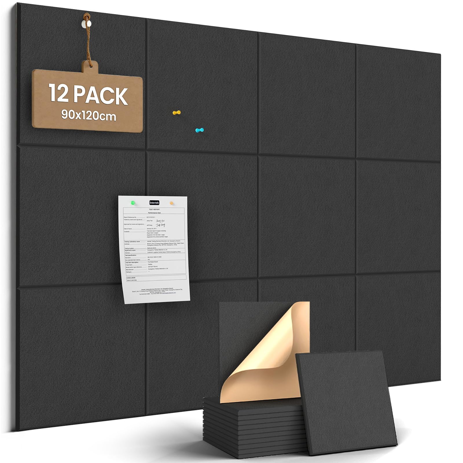 JBER Felt Cork Bulletin Board for Wall 120x90cm, 12 Pack Self-Adhesive Felt Notice Board for Walls, pin Boards for Home Office School,As Planning Board Photo Wall Board Jewelry Storage, Solid, Black