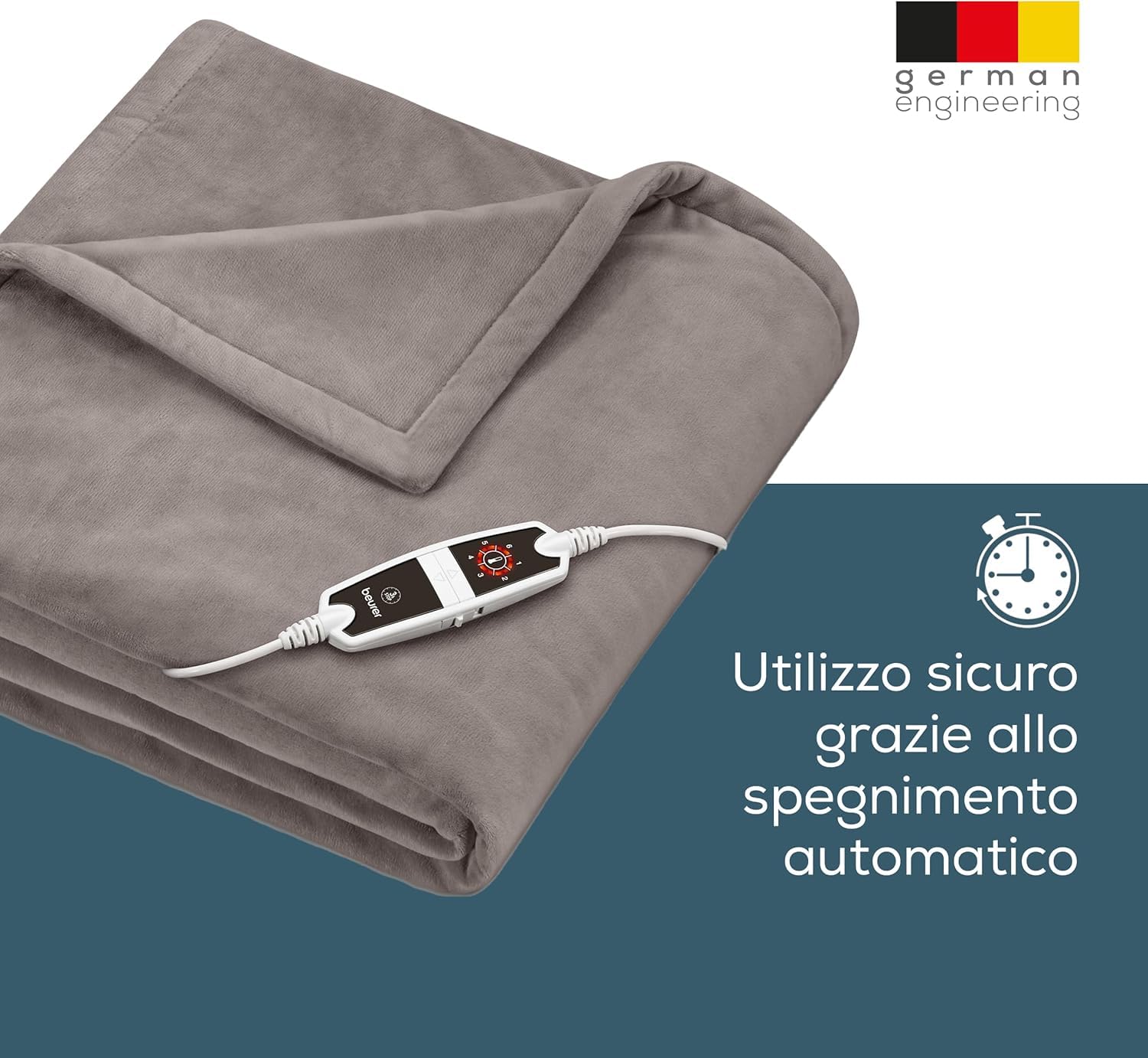 Beurer Coperta elettrica HD 150 XXL, termocoperta elettrica con spegnimento automatico, 200 x 150 cm, 6 impostazioni di temperatura, lavabile in lavatrice, morbida coperta, tortora