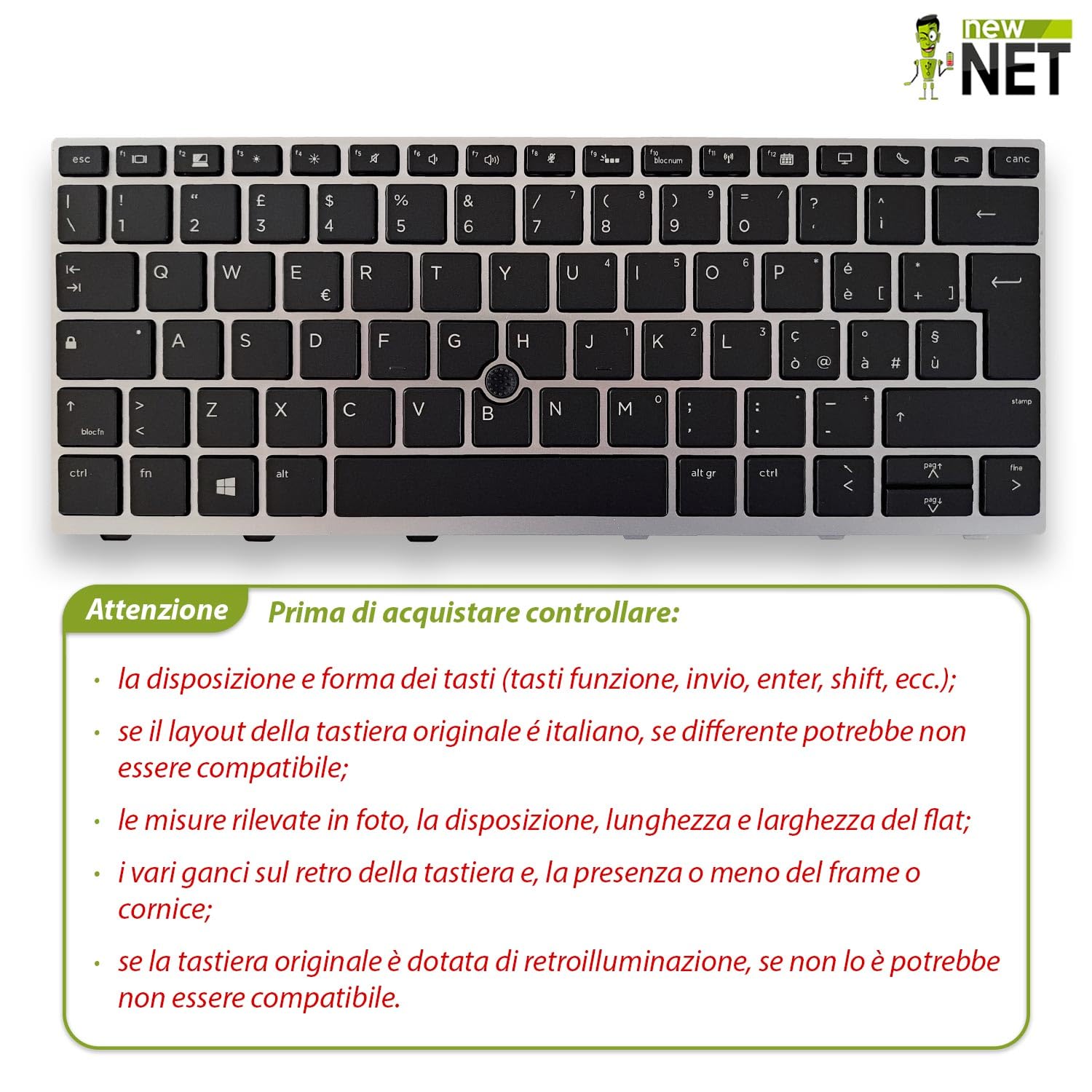 new net - Tastiera Compatibile con Notebook HP EliteBook 830 G5 830 G6 735 G5 735 G6 [Frame Silver - Trackpoint - Retroilluminata - Layout ITA]