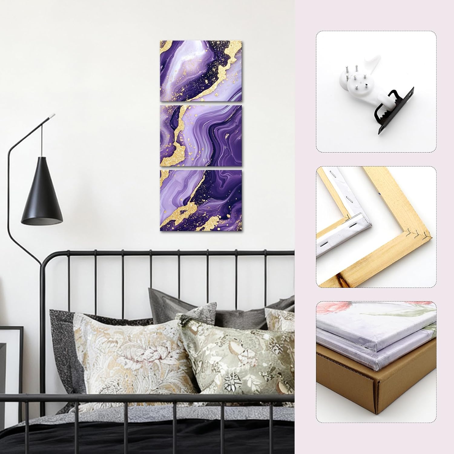 sechars Purple and Gold Bathroom Wall Decor Glitter Abstract Marble Wall Art Lavender Canvas Set 12"x16"x3