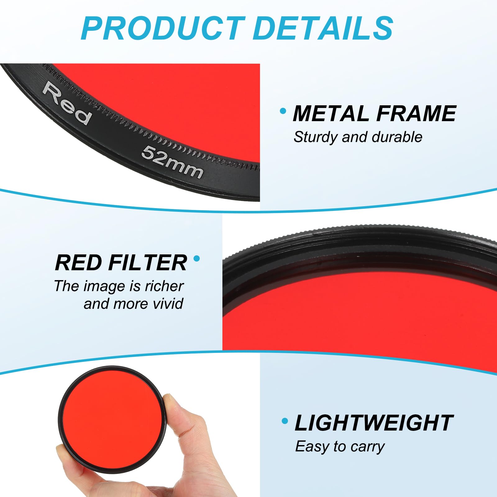 QUARKZMAN Filtro Per Obiettivo Da 52mm, Filtro Fotografico Rosso Completo In Resina Ottica Rotondo Anti Graffio Filtri Fluorescenti Universali Per Fotocamera Obiettivo Fotografico