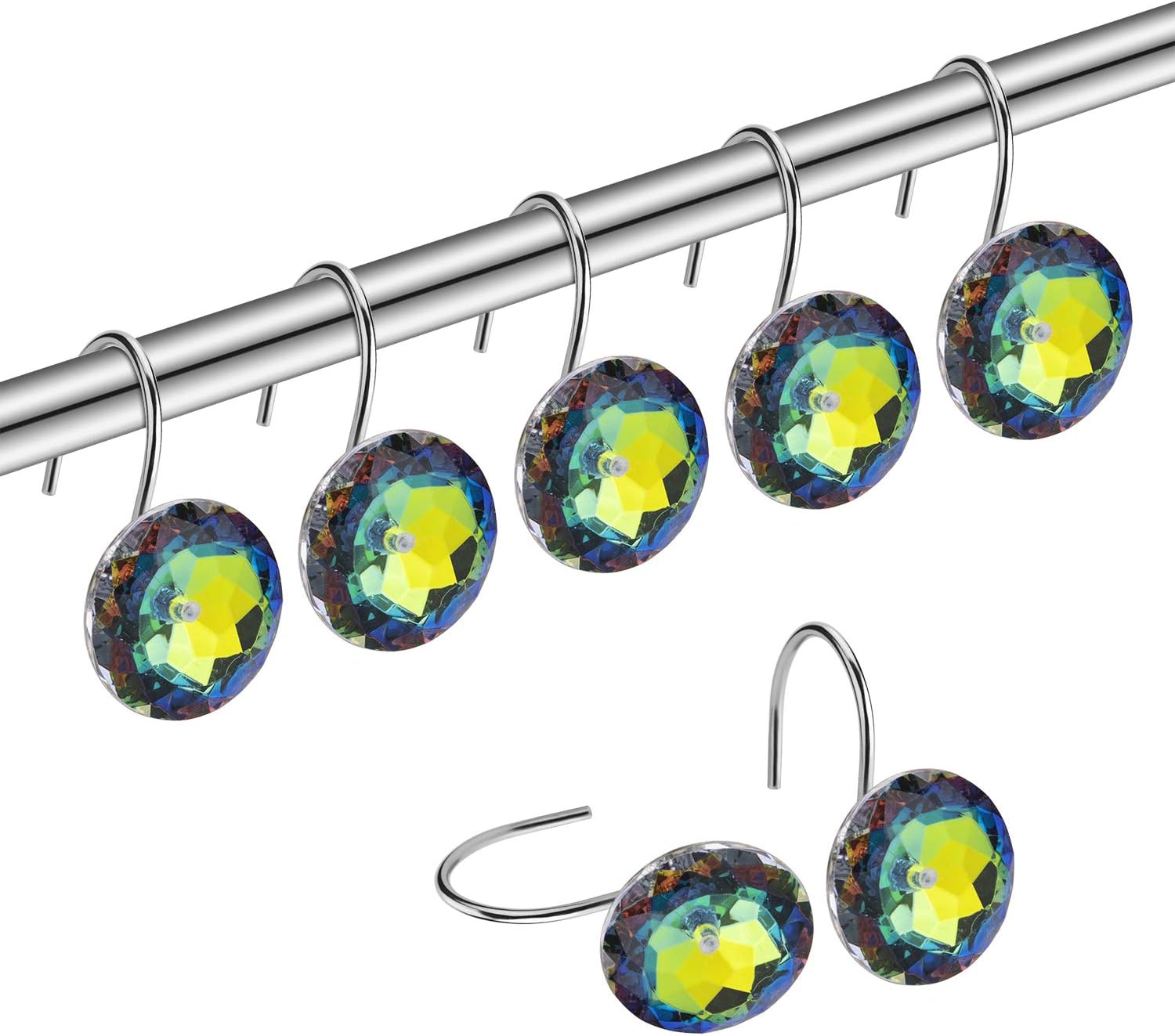 Amazer Shower Curtain Hooks, Rust-Resistant Stainless Steel Decorative Shower Curtain Rings for Bathroom Shower Rod to Hang Curtain and Liner - Set of 12, Colorful