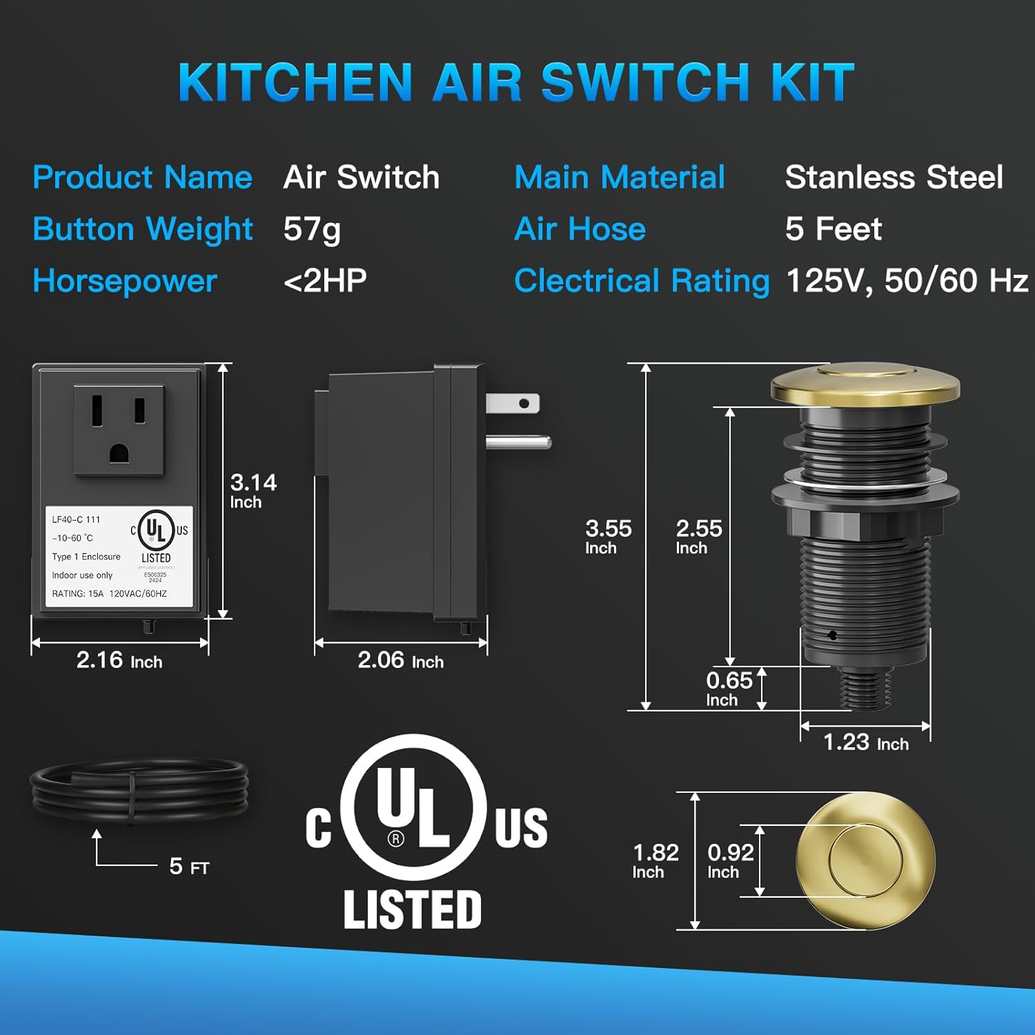 Garbage Disposal Air Switch Kit, UL Certified Professional Garbage Disposal Switch Button Power Module, Sink Top Waste Disposer On/Off Switch