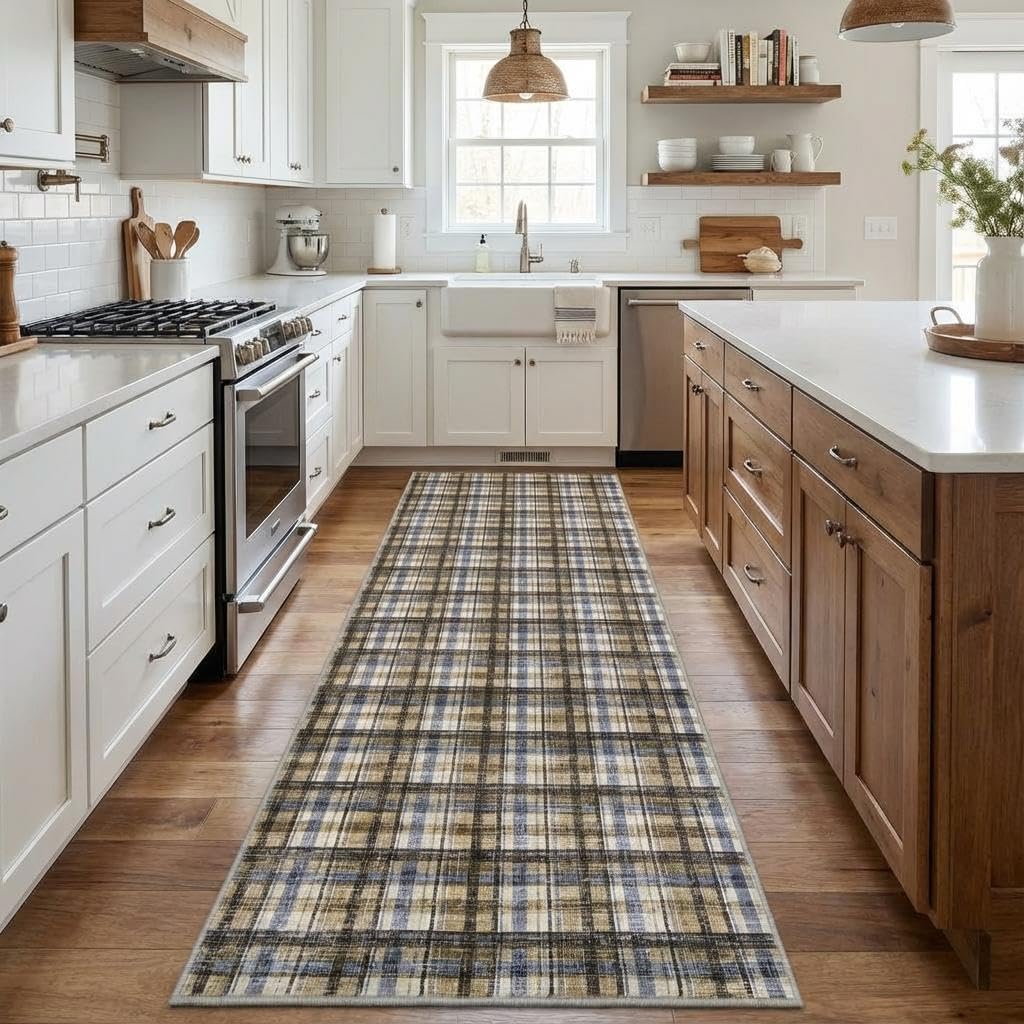 GarveeHome Washable Runner Rug 2x6 Runner Non Slip Kitchen Rugs Modern Plaid Entryway Rug Farmhouse Soft Bathroom Rugs Stain Resistant Carpet for Hallway Laundry Bedroom 2'x6' Blue/Camel