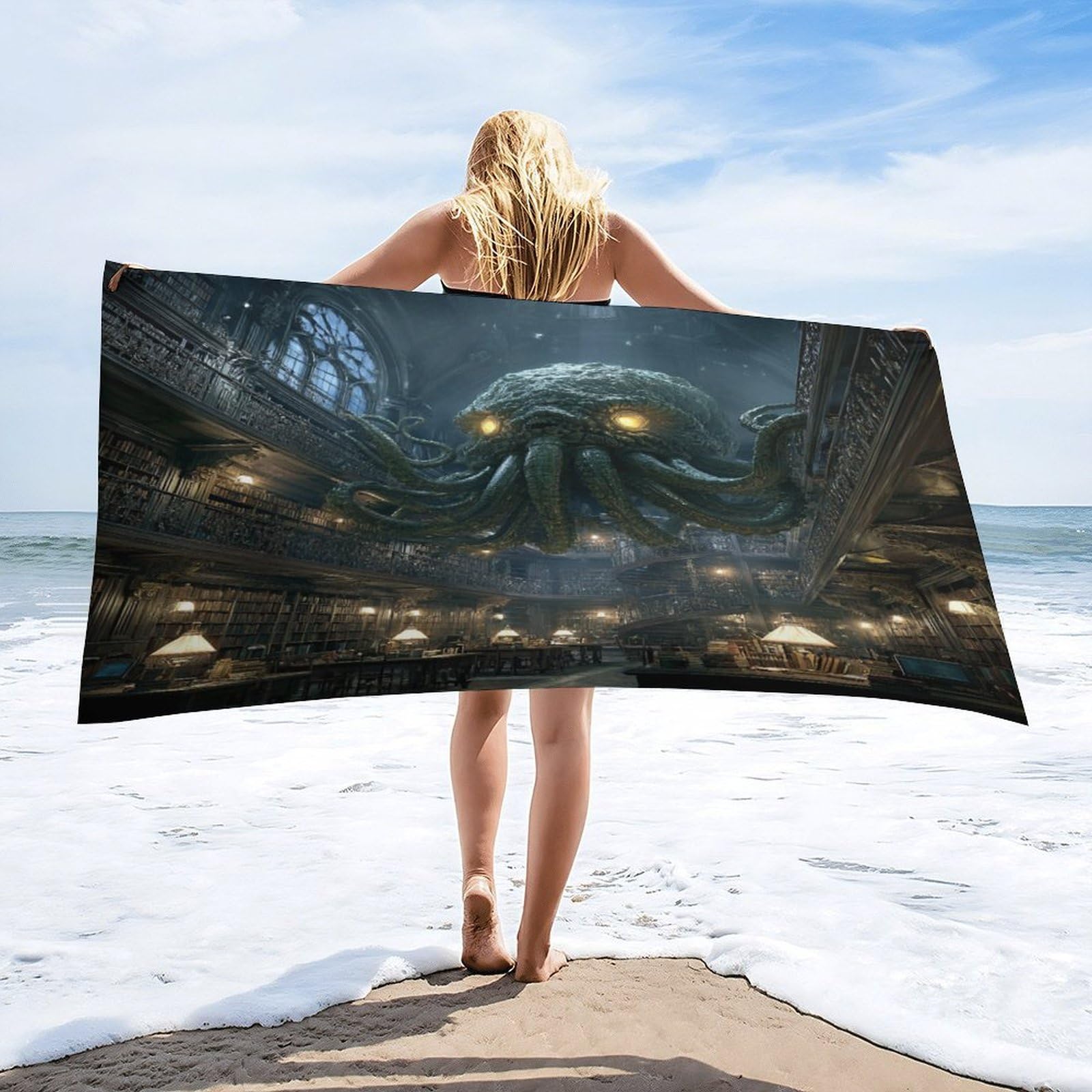 Luyysky Classic Rustic Sea Octopus Absorbent Beach Towel, Horror Oil Painting Animal Octopus Library Bookshelf Outdoor Single-Sided Velvet Beach Towel-80 W Cm X 160" L Cm