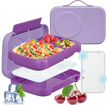 JXXM Bento Box for Kids,Kids Bento Lunch Box with Built-in Ice Pack for School,3 Compartments Leak Proof Lunch Container with Utensils for Girl Boy;BPA Free,Microwave & Dishwasher Safe, 44ozPurple