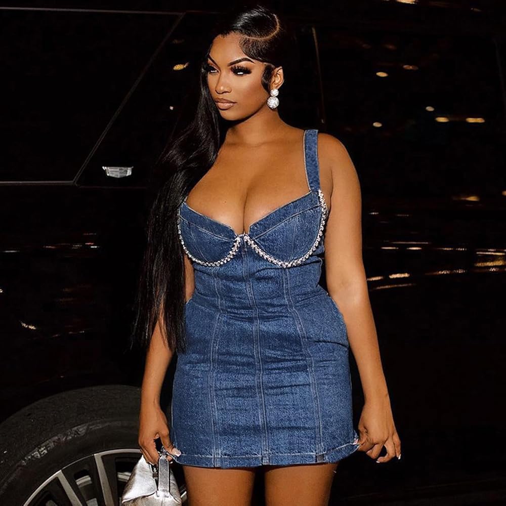 Women's Sexy hot Diamond Denim Dress, Tight Fitting Mini A-line Skirt,  Patchwork Party Strap Dress (Blue,Small) at Amazon Women's Clothing store