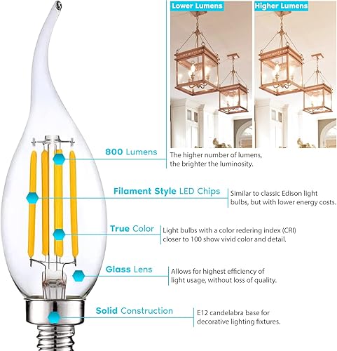 Miniatura 3 de LUXRITE Paquete de 12 bombillas LED de candelabro equivalentes a 100 W, 800 lúmenes, blanco cálido 2700 K, 7 W, bombillas de araña regulables CA11,