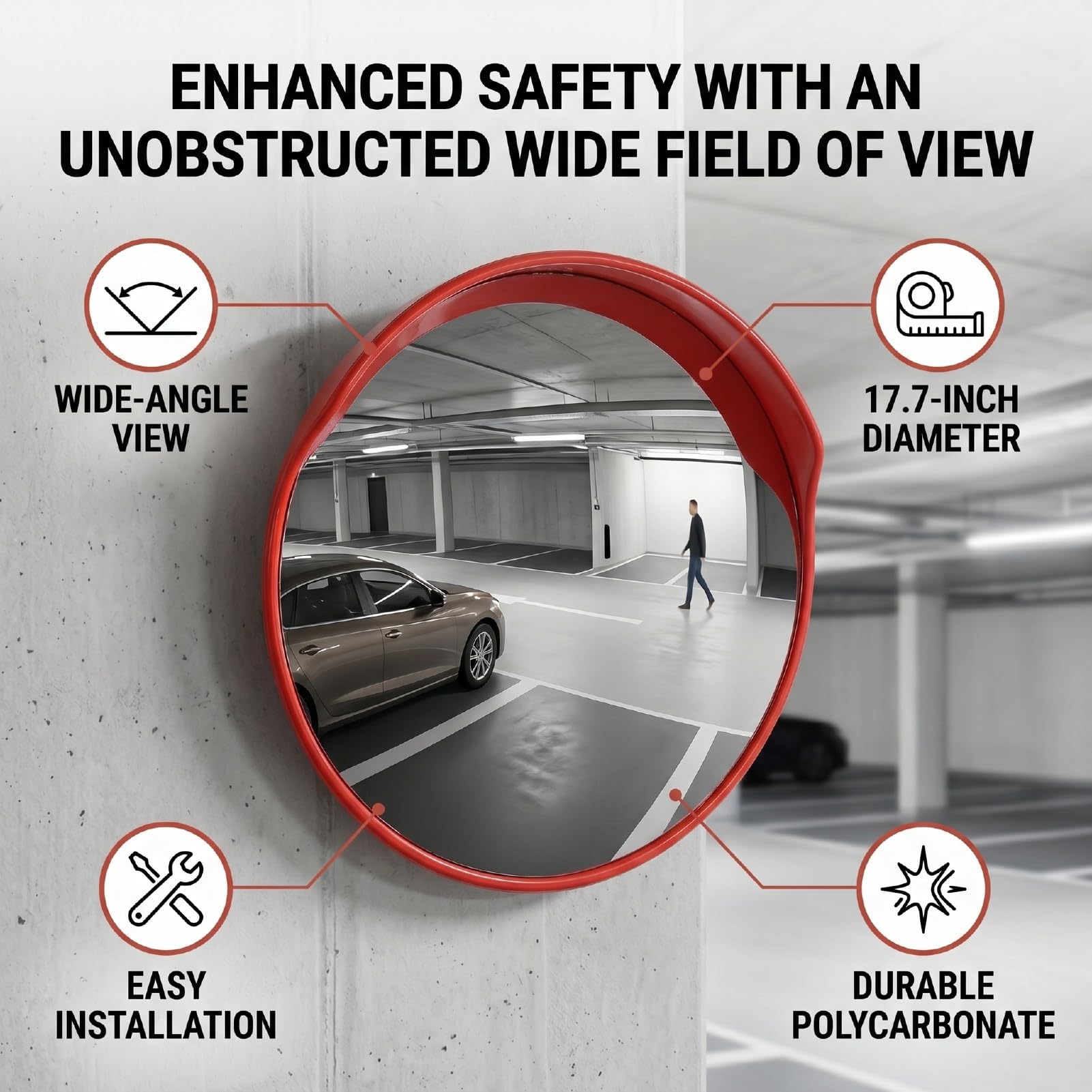 Bewinner Espejo Convexo Gran Angular de 17,7 Pulgadas para Estacionamiento, Entrada de Garaje, Punto Ciego y Seguridad del Tráfico, Fácil Instalación, Uso en Exteriores/interiores, Almacén,
