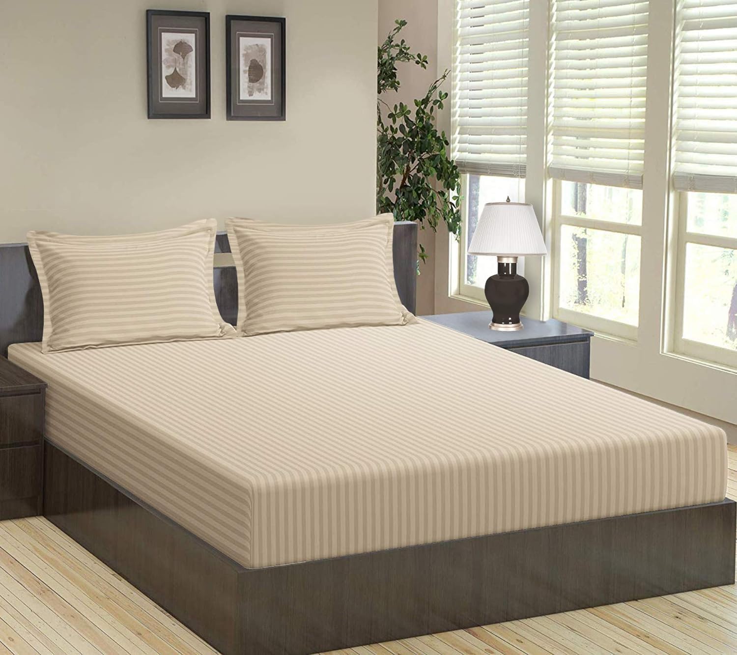 Cool Dealzz TC 300TC Pure Cotton Plain Stripe Queen Size Double Bedsheet for Double Bed with Two Pillow Covers (Queen, Beige) (90X100 Inches)-image-25