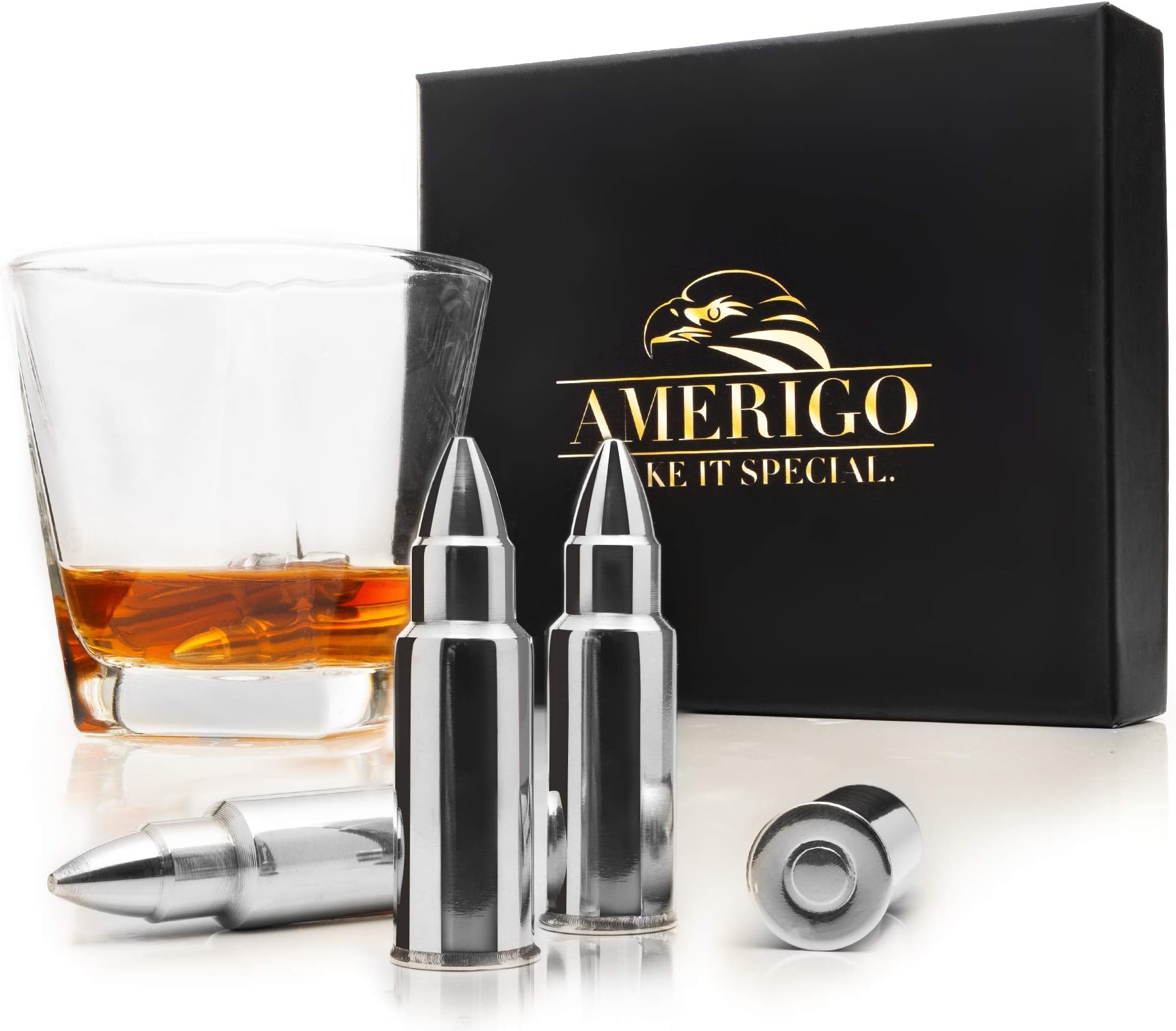AMERIGO Exclusive Stainless Steel Whisky Stone Gift Set - High Cooling Technology - 6 Reusable Bullet Shaped Ice Cubes - Whisky Stones Bullet Set + Tweezers