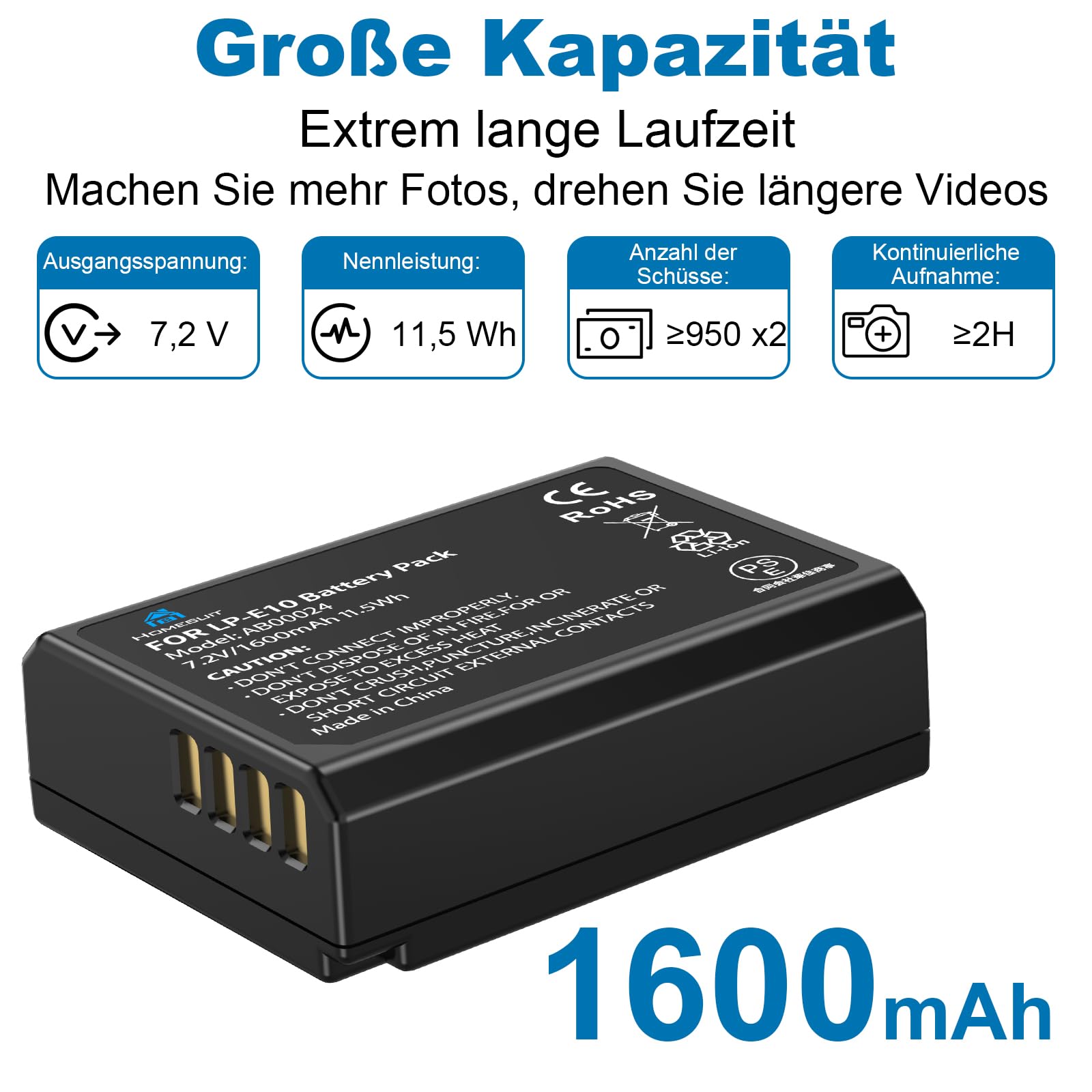 Homesuit LP-E10 Akku 1600mAh & Dual LED Ladegerät Kit für Canon EOS 1100D, EOS 1200D, EOS 1300D, EOS 2000D, EOS Rebel T3, T5, T6, T7, Kiss X50, Kiss X70 Kamera (2er-Pack)