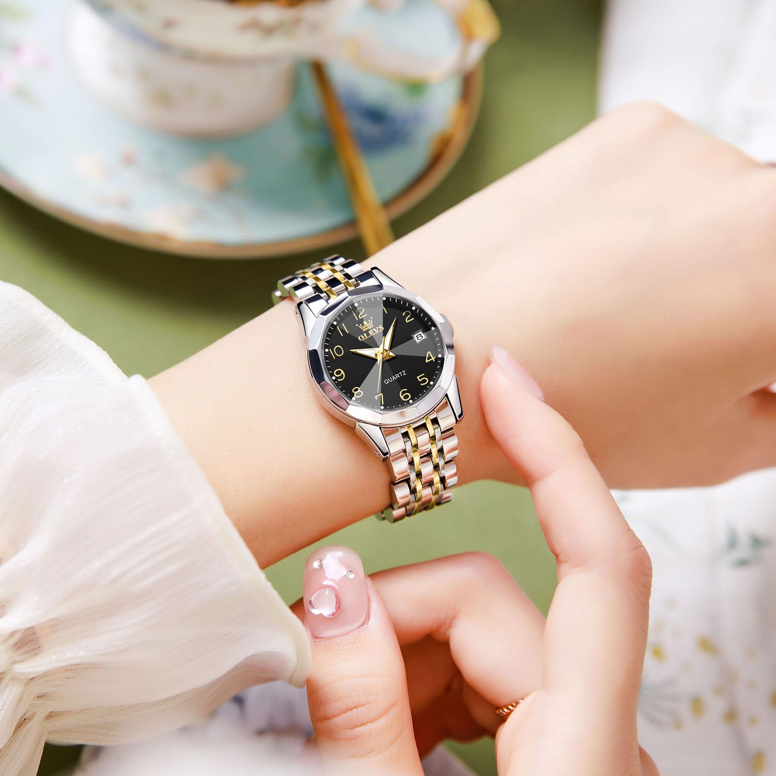 OLEVS Reloj de pulsera para mujer, correa de acero inoxidable, moderno, analógico, cuarzo, números arábigos, fácil de leer, luminoso, resistente al agua, con esfera pequeña y fecha