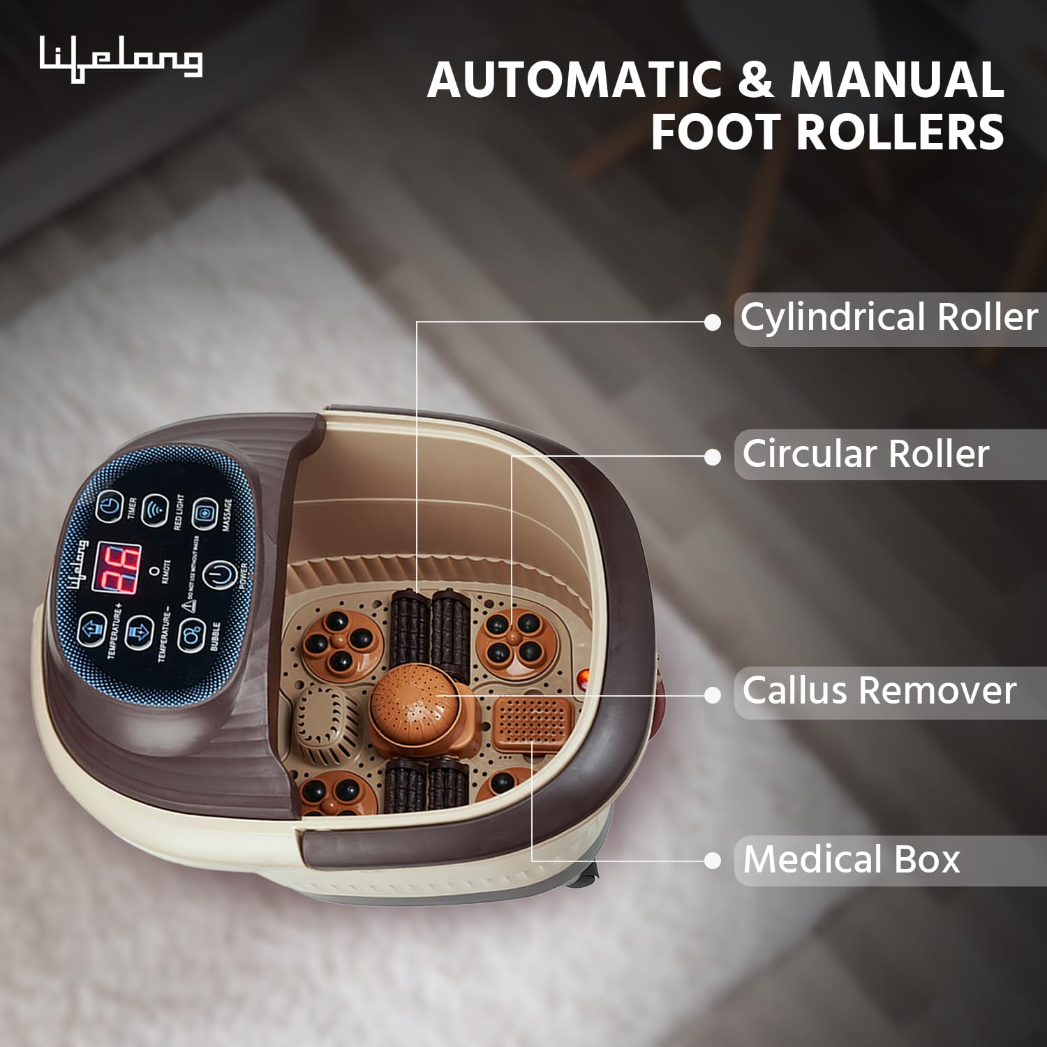 Lifelong LLM279 Corded Electric Foot Spa and Massager with 4 Automatic Rollers & 4 Manual Rollers, Digital Panel, Bubble Bath & Water Heating Technology for Pedicure, Pain relief & Foot Care (1 Year Warranty) Brown Lifelong LLM279 Corded Electric Foot Spa and Massager with 4 Automatic Rollers & 4 Manual Rollers, Digital Panel, Bubble Bath & Water Heating Technology for Pedicure, Pain relief & Foot Care (1 Year Warranty) Brown