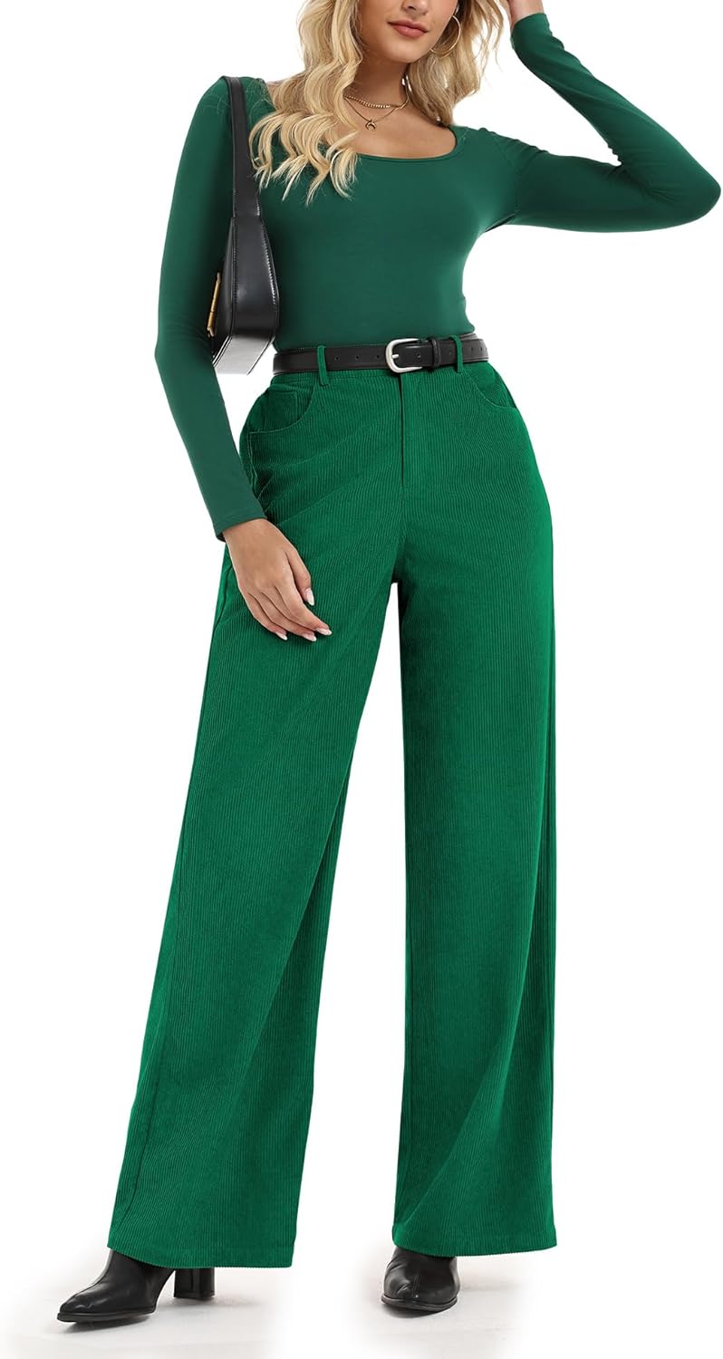 Corduroy High Waisted Wide Leg Pants for Women Dress Pants,Elastic Waist Casual Corduroy Straight Trousers - Image 3