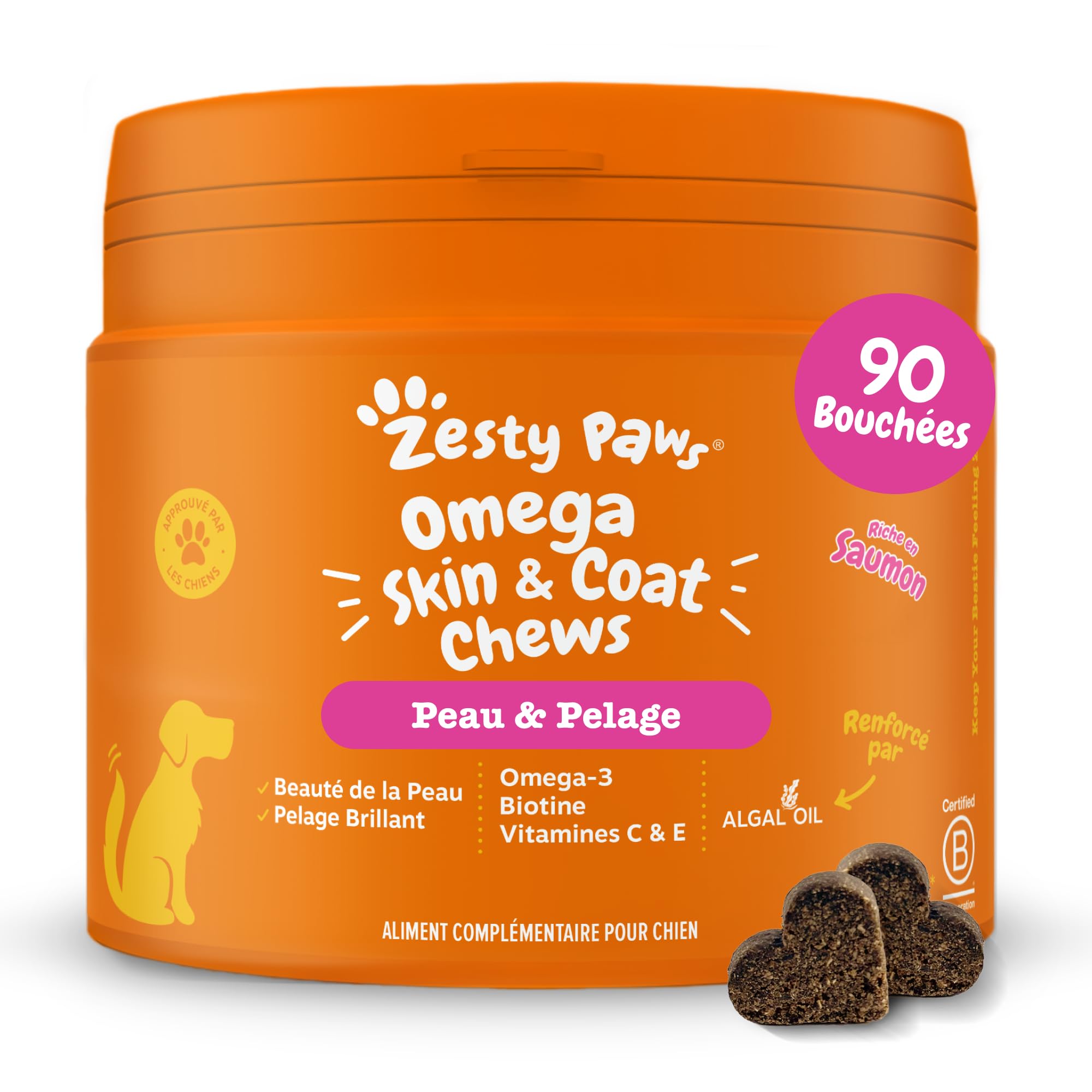 Zesty Paws Santé Peau et Pelage pour Chiens | Soutien Peau Saine et Pelage Brillant | Compléments pour Chiens sous Forme de Bouchée Gourmande | Aliments Complémentaires| Huile de Poisson - 90 unités