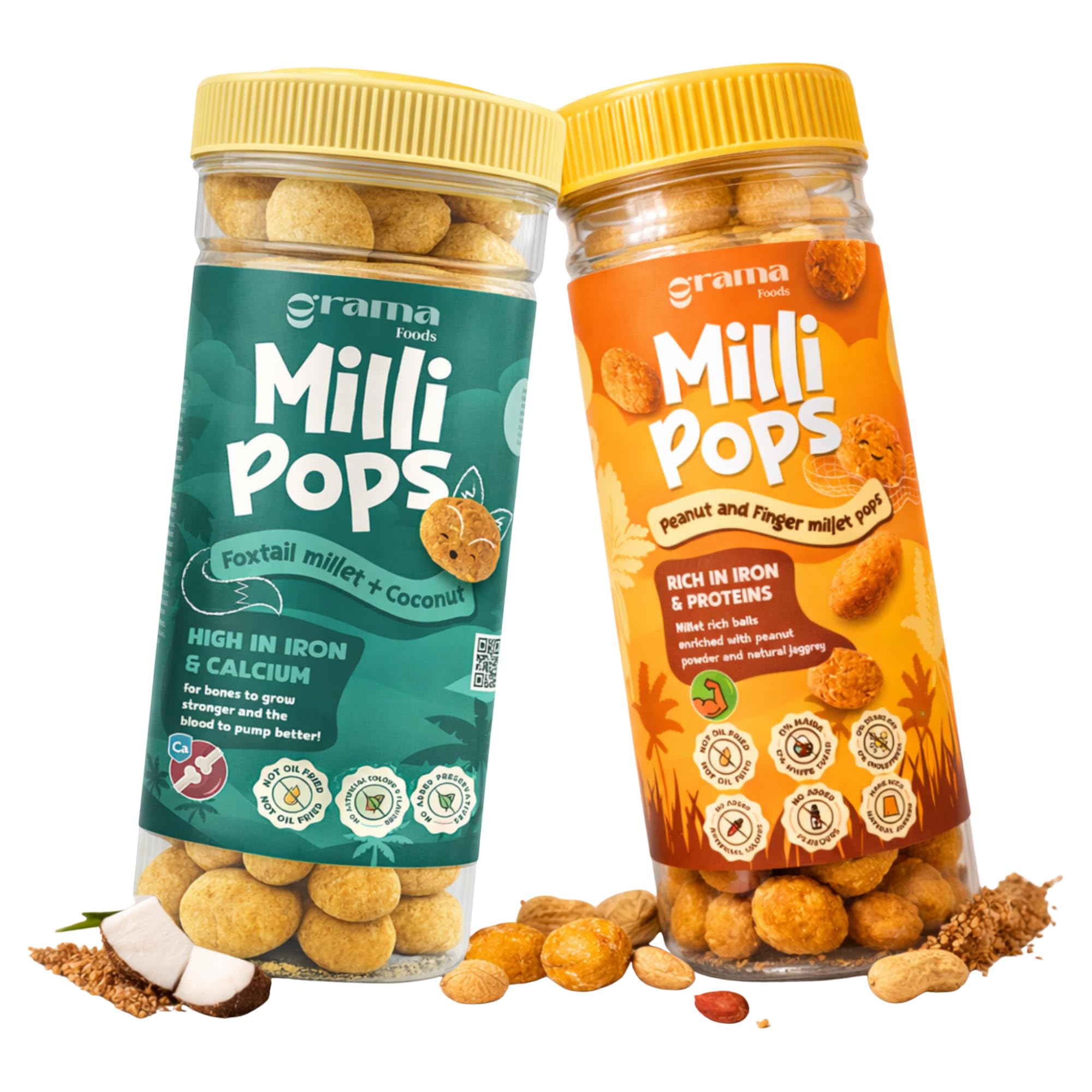 Grama Milli Pops Jar Combo (2 x 70g) | Coconut & Peanut Millet Snacks | Baked Not Fried | Jaggery Sweetened | No Maida, No Preservatives | Healthy Snack for Kids & Adults-image-49