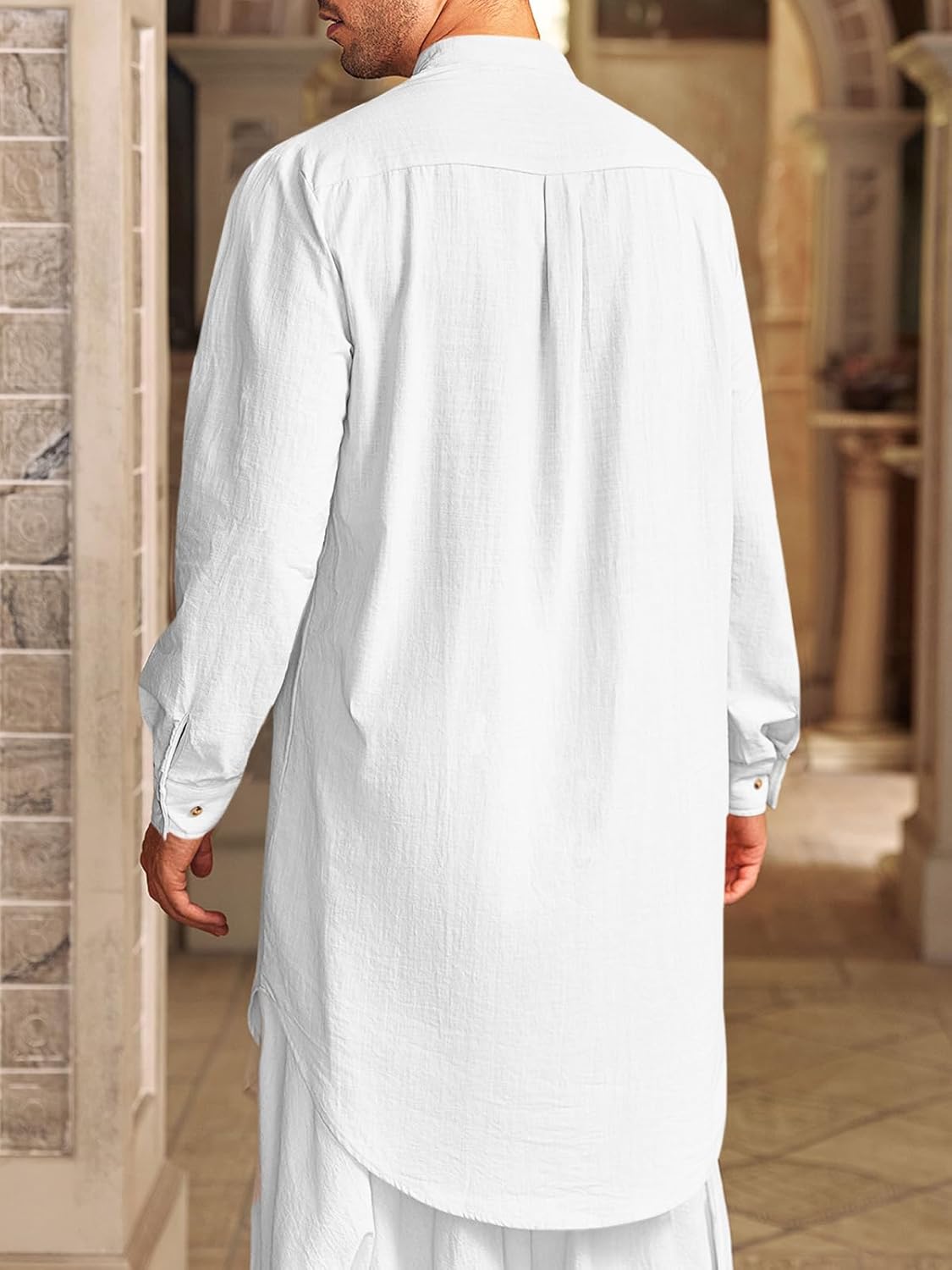 Runcati Mens Kaftan Thobe Cotton Linen Henley Shirt Long Sleeve Robe Casual Muslim Gown Kurta - Image 3