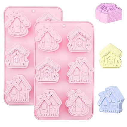2 PACK Gingerbread House Cake Molds Christmas Silicone Molds 6-Cavity Silicone Village Gingerbread House Mold No-Stick Silicone Molds for Chocolate Cake Dessert Candy Mousse Pastry Handmade Soap
