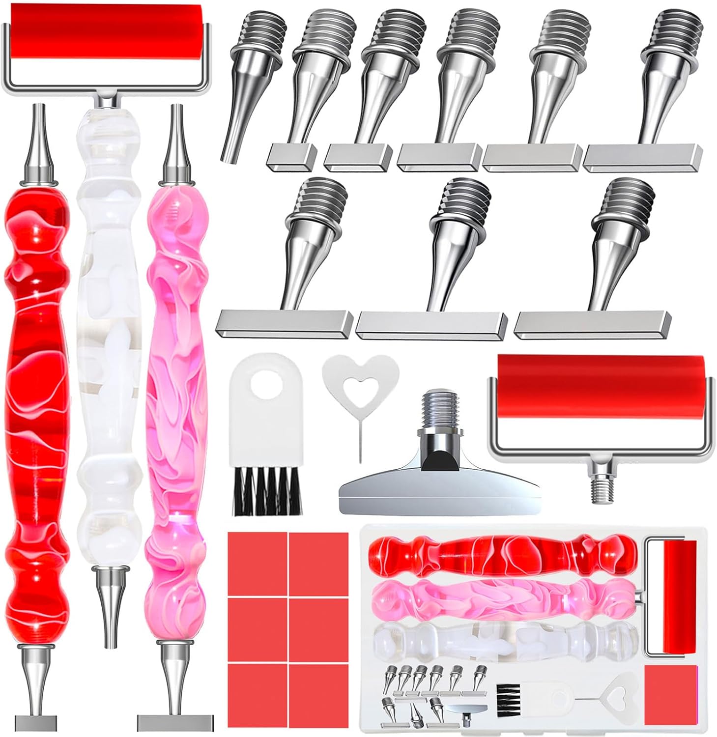ZYNYXY 22PCS Ergonomic Diamond Art Pen Kits, with Multifunctional Metal Stainless Steel Screw Thin 1~9 Tips, Correction Placers Roller Accessories (Red + Pink + White+ 10 PCS Tips)