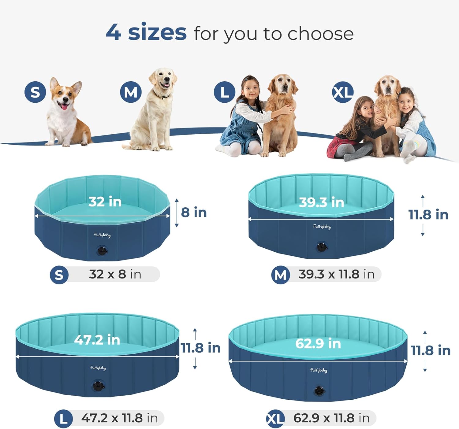 Furrybaby Dog Pool, Kiddie Pool with Hard Plastic Foldable Dog Bath Tub Portable for Dogs, Kids and Pet Swimming (Navy 39'') Indoor and Outdoor