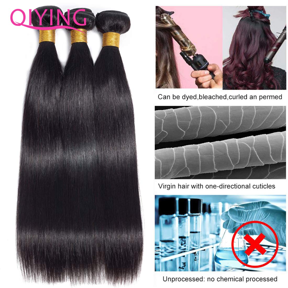 Brazilian Straight Hair 3 Bundles With Closure (12 14 16 with 10 inch) 9A Unprocessed Virgin Brazilian Straight Human Hair Weave Bundles with Closure Natural Color